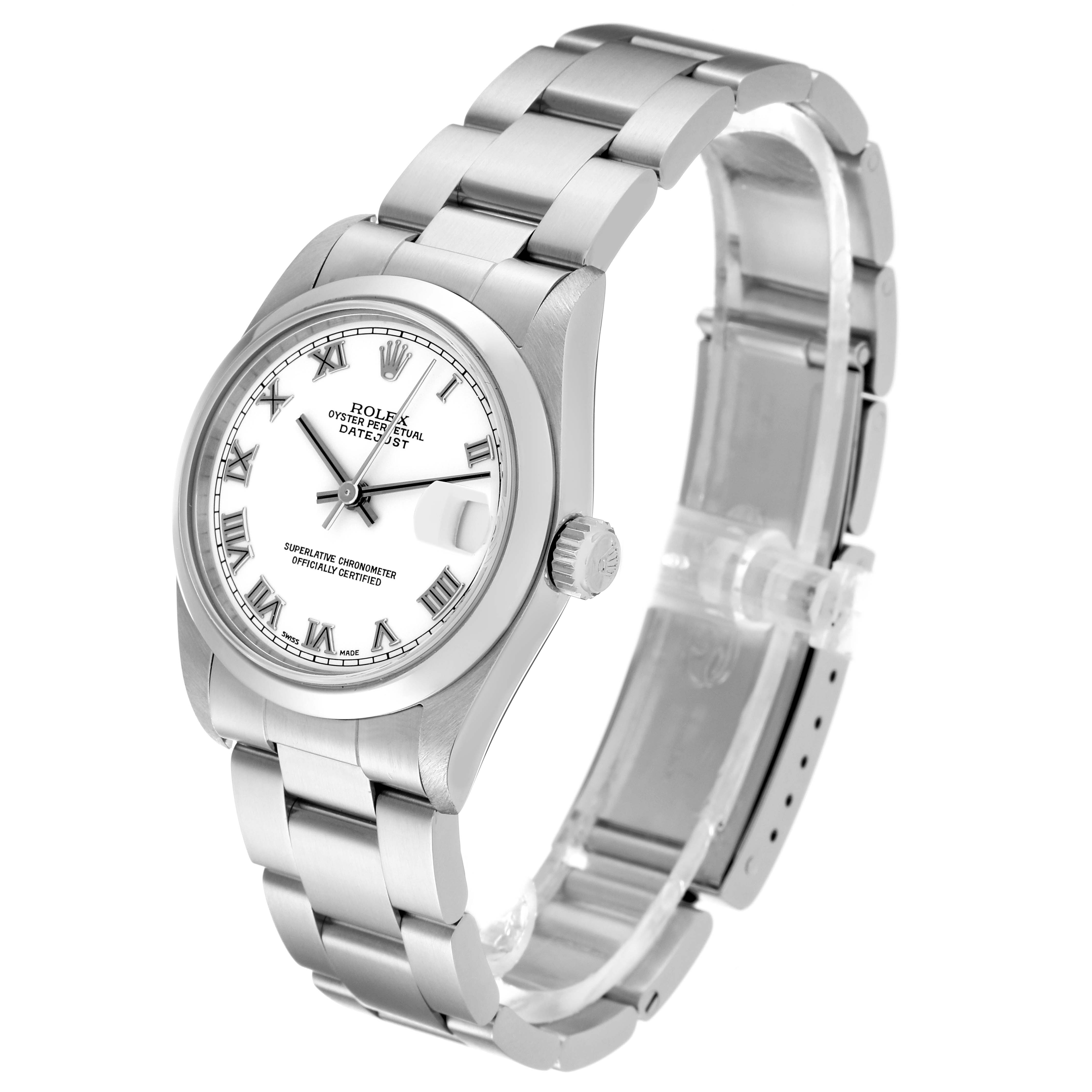 The Rolex Mid-Size 78240 Women
s Stainless Steel White Dial 78240 Women
s Stainless Steel White Dial Datejust watch is shown at a slight angle, displaying its face, bracelet, and clasp.