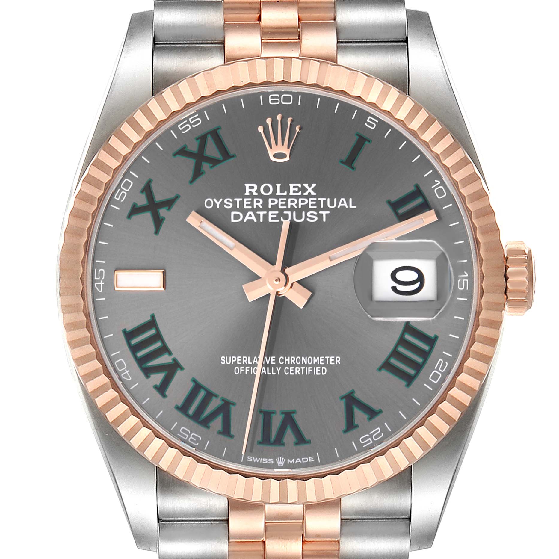 This image shows a Rolex Datejust 126231 Men's Steel and Gold (two tone) Grey Dial 126231 Men's Steel and Gold (two tone) Grey Dial watch face with a two-tone rose gold and stainless steel bezel and bracelet.