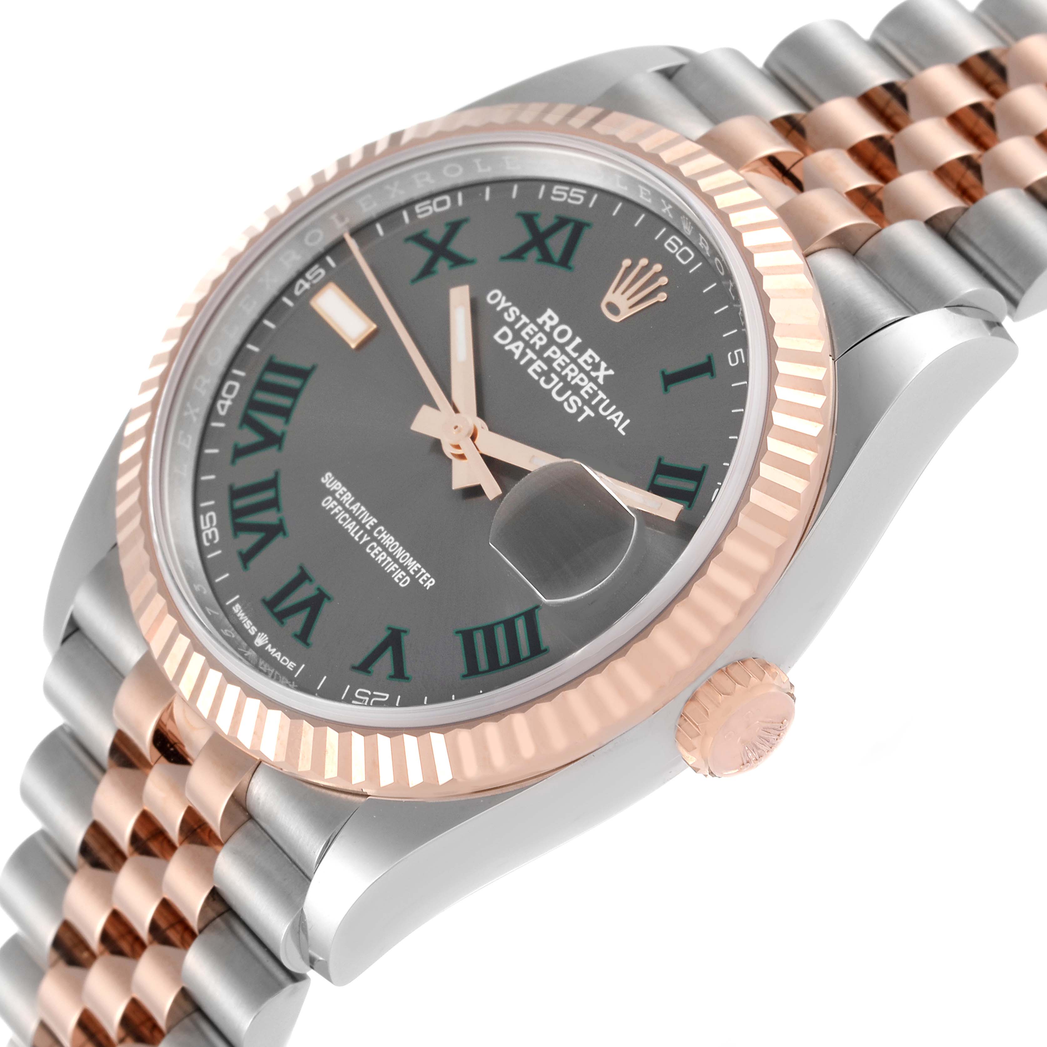 This image shows a close-up, angled view of the Rolex Datejust 126231 Men's Steel and Gold (two tone) Grey Dial 126231 Men's Steel and Gold (two tone) Grey Dial watch, highlighting the dial, hands, bezel, and part of the bracelet.