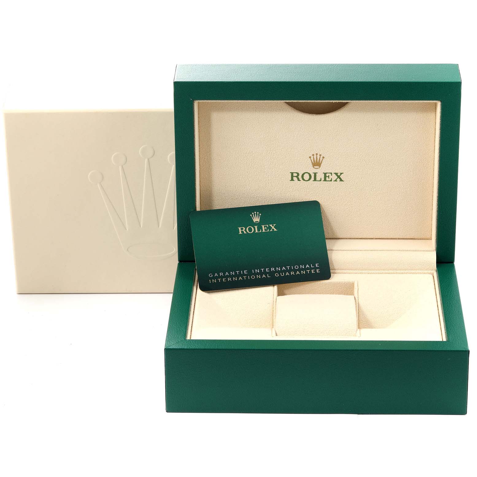 The image shows an open Rolex Datejust 126231 Men's Steel and Gold (two tone) Grey Dial 126231 Men's Steel and Gold (two tone) Grey Dial watch box with guarantee card inside.