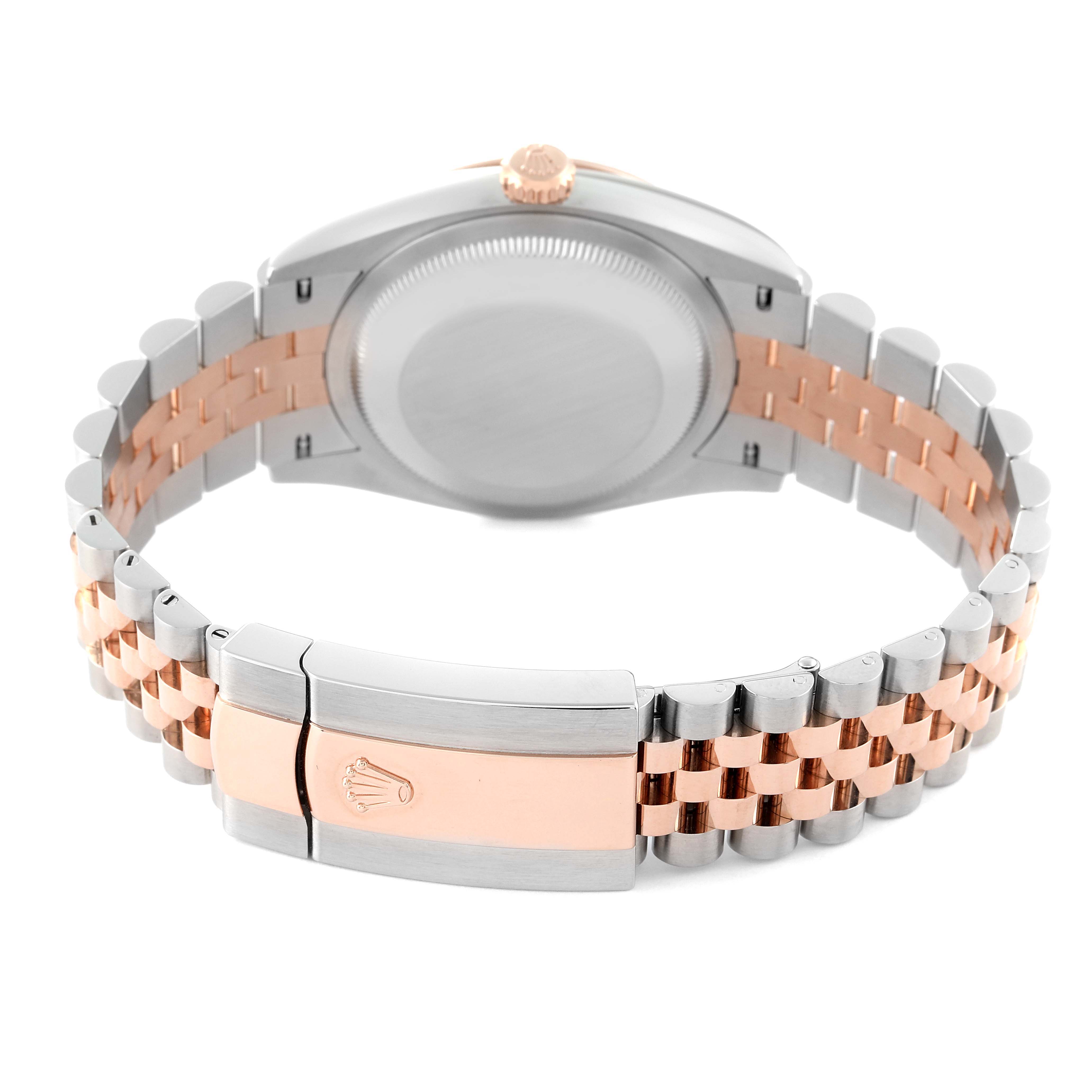 The image shows the back view of a Rolex Datejust 126231 Men's Steel and Gold (two tone) Grey Dial 126231 Men's Steel and Gold (two tone) Grey Dial watch, featuring the case back and two-tone bracelet with the Rolex clasp.