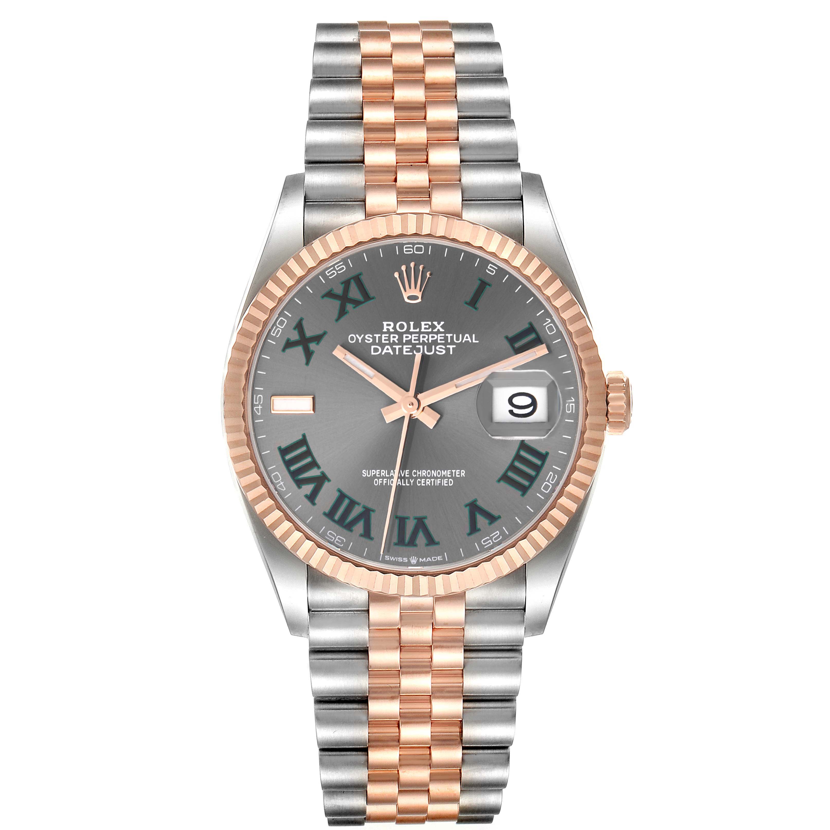 The image shows a Rolex Datejust 126231 Men's Steel and Gold (two tone) Grey Dial 126231 Men's Steel and Gold (two tone) Grey Dial watch from a front angle, highlighting the dial, hands, date window, bezel, and the two-tone bracelet.