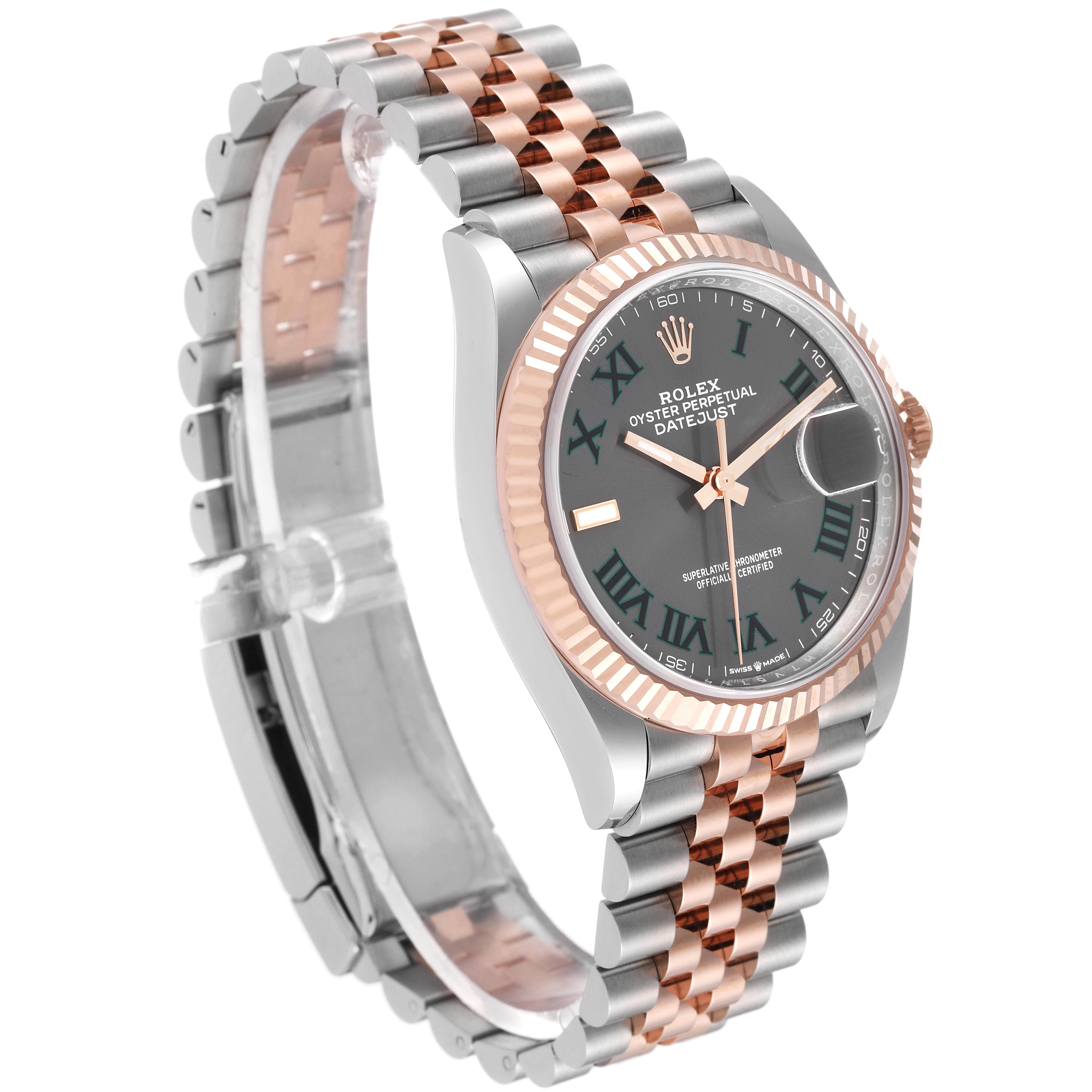 The Rolex Datejust 126231 Men's Steel and Gold (two tone) Grey Dial 126231 Men's Steel and Gold (two tone) Grey Dial watch is shown from an angled top-left perspective, displaying its face, fluted bezel, and two-tone bracelet.
