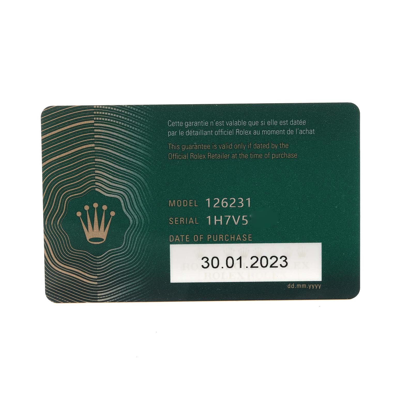 This image shows a warranty card for a Rolex Datejust 126231 Men's Steel and Gold (two tone) Grey Dial 126231 Men's Steel and Gold (two tone) Grey Dial model 126231, dated 30.01.2023, highlighting the serial number 1H7V5.