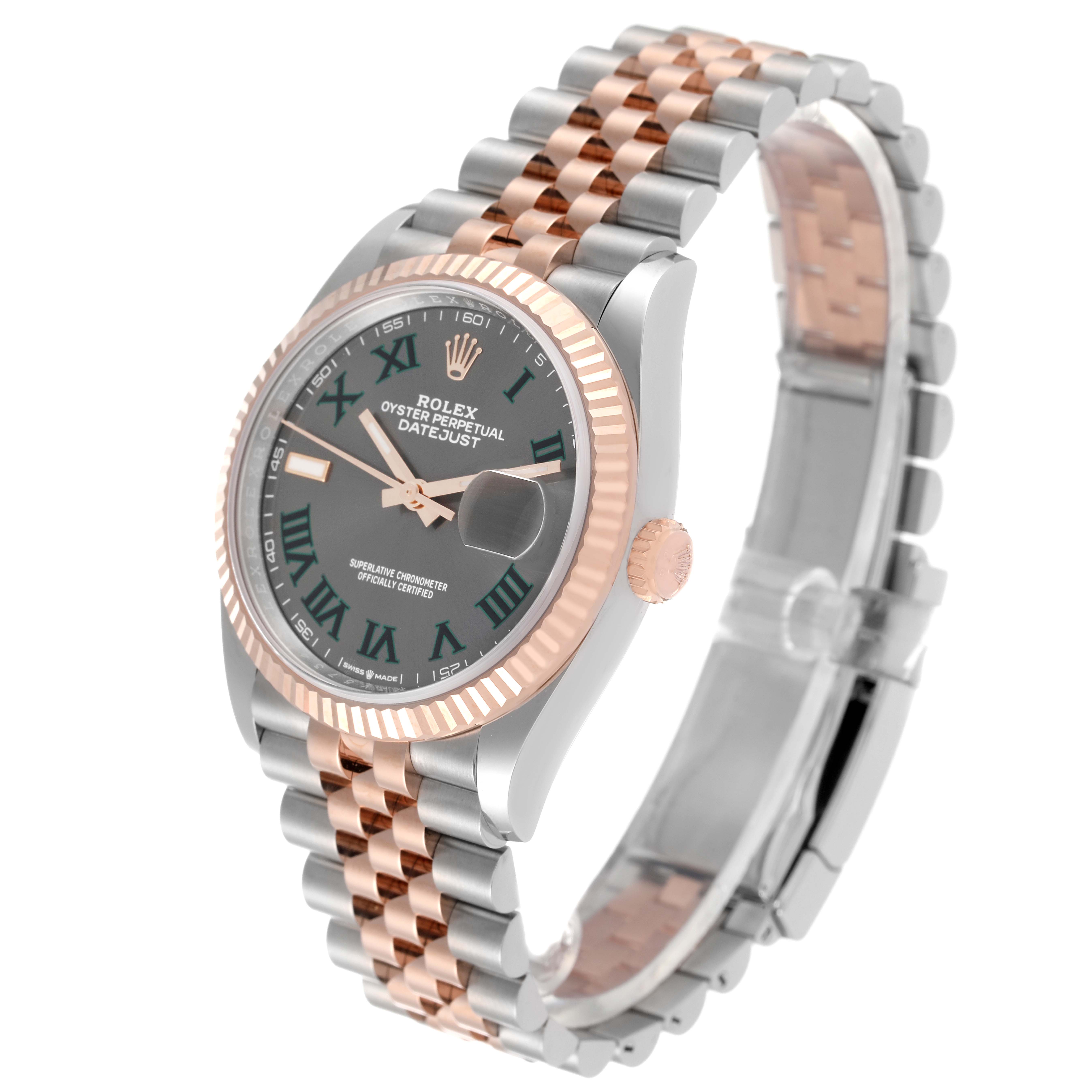 The image shows a Rolex Datejust 126231 Men's Steel and Gold (two tone) Grey Dial 126231 Men's Steel and Gold (two tone) Grey Dial watch at a three-quarter angle, featuring its dial, bezel, crown, and jubilee bracelet.