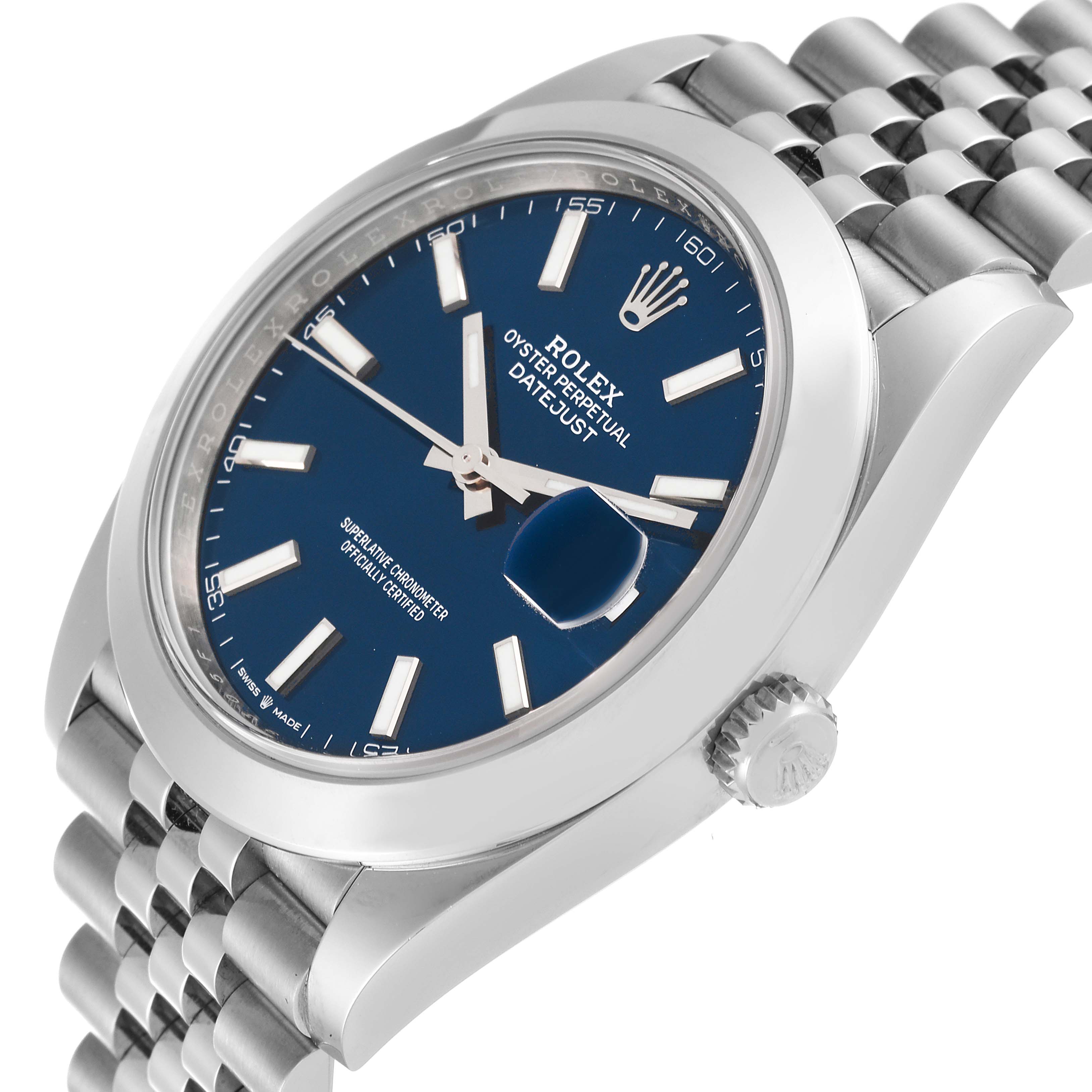 This image shows the Rolex Datejust 41 126300 Men's Stainless Steel Blue Dial 126300 Men's Stainless Steel Blue Dial model from an angled side view, highlighting the blue dial, bezel, crown, and part of the bracelet.