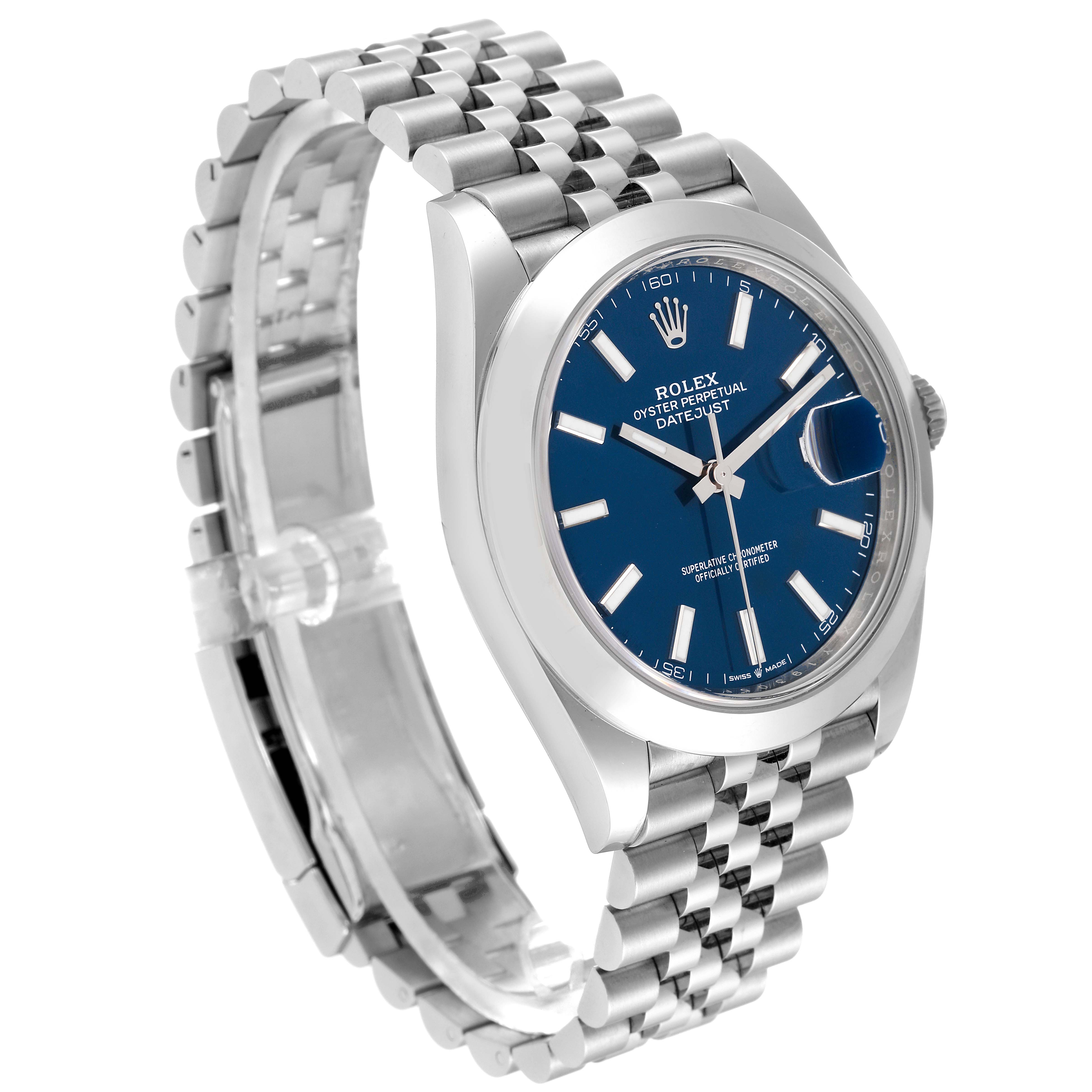 The Rolex Datejust 41 126300 Men's Stainless Steel Blue Dial 126300 Men's Stainless Steel Blue Dial is shown from an angle highlighting the face, bezel, and bracelet.