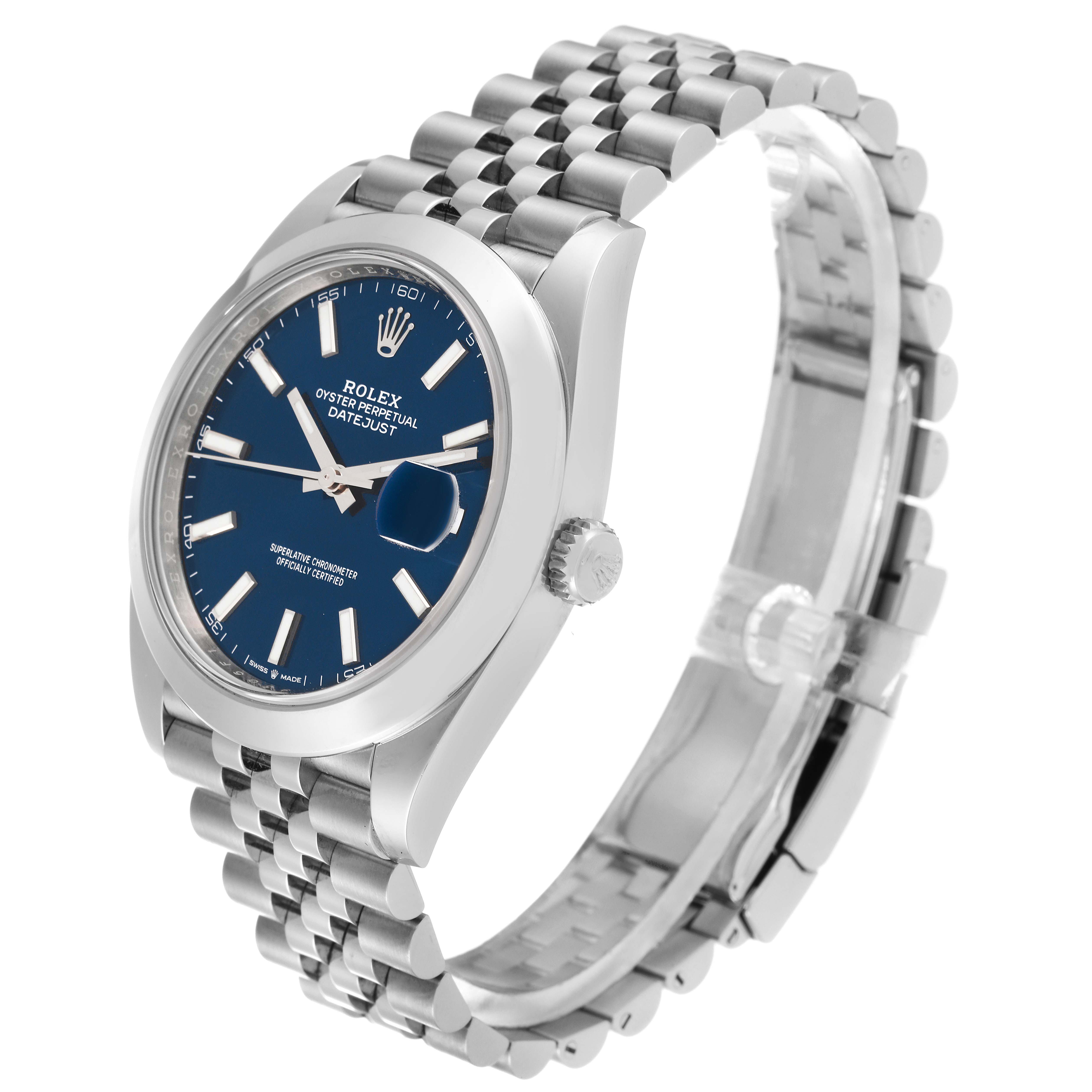 The image shows a Rolex Datejust 41 126300 Men's Stainless Steel Blue Dial 126300 Men's Stainless Steel Blue Dial watch at an angle highlighting its blue dial, metal bracelet, and the side crown.