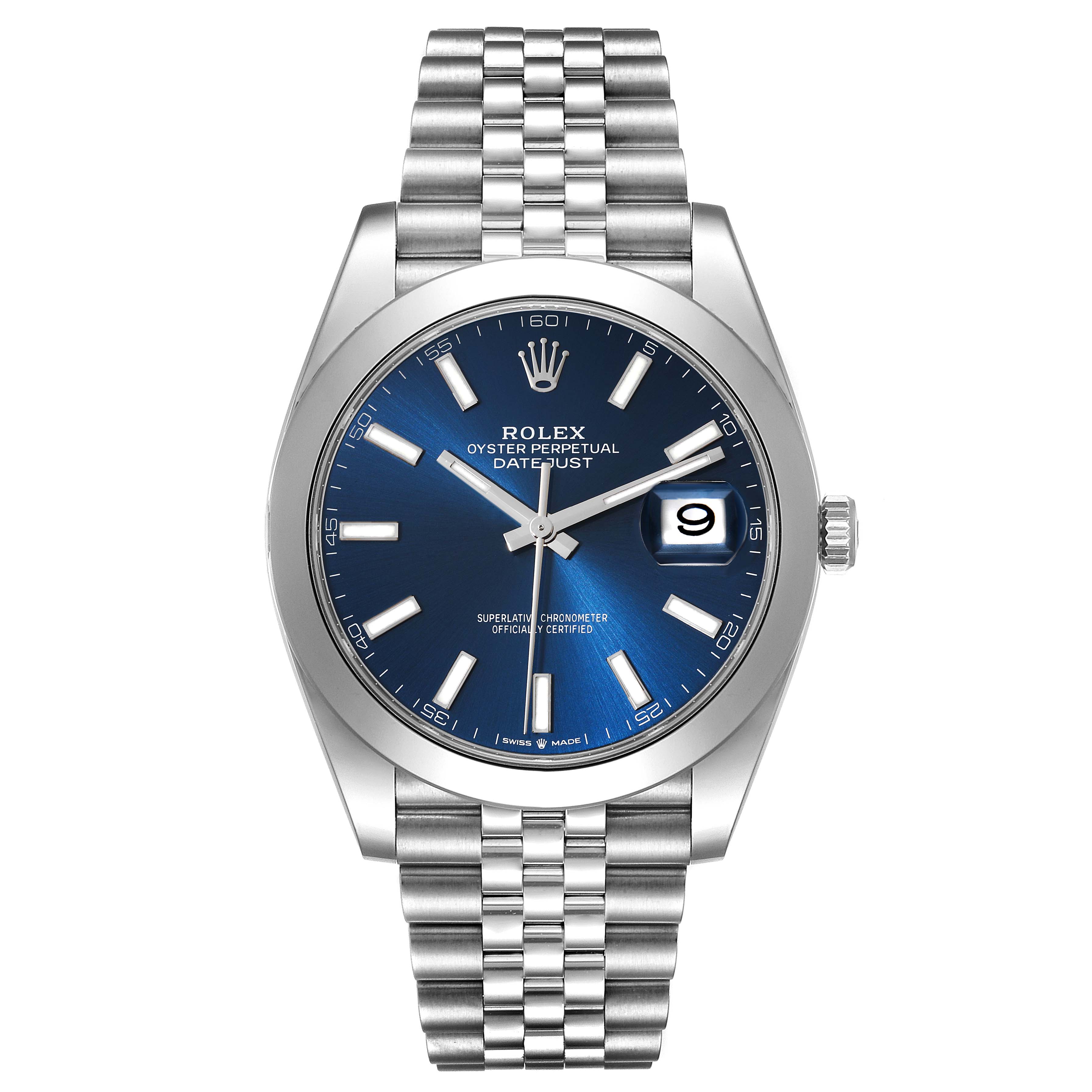 The image shows a front view of the Rolex Datejust 41 126300 Men's Stainless Steel Blue Dial 126300 Men's Stainless Steel Blue Dial watch, highlighting its blue dial, date window, and Jubilee bracelet.