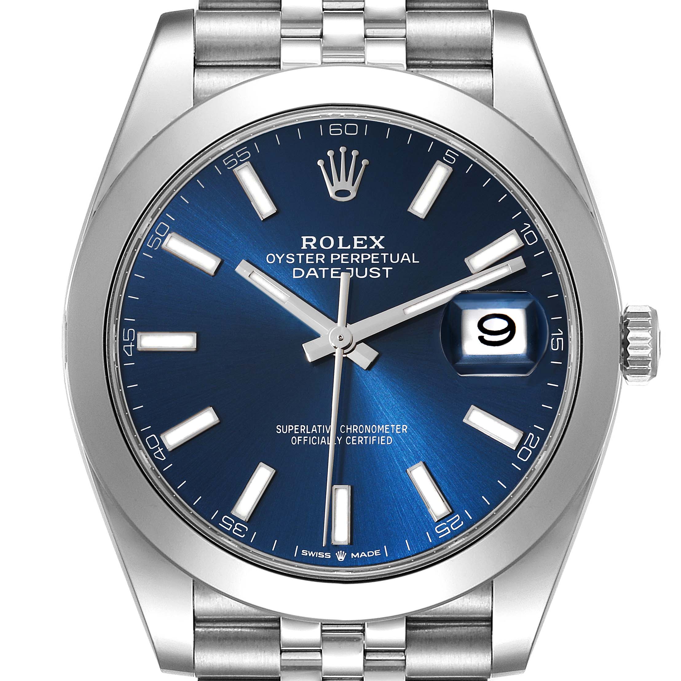 The image shows the front view of a Rolex Datejust 41 126300 Men's Stainless Steel Blue Dial 126300 Men's Stainless Steel Blue Dial watch with a blue dial and stainless steel bracelet.