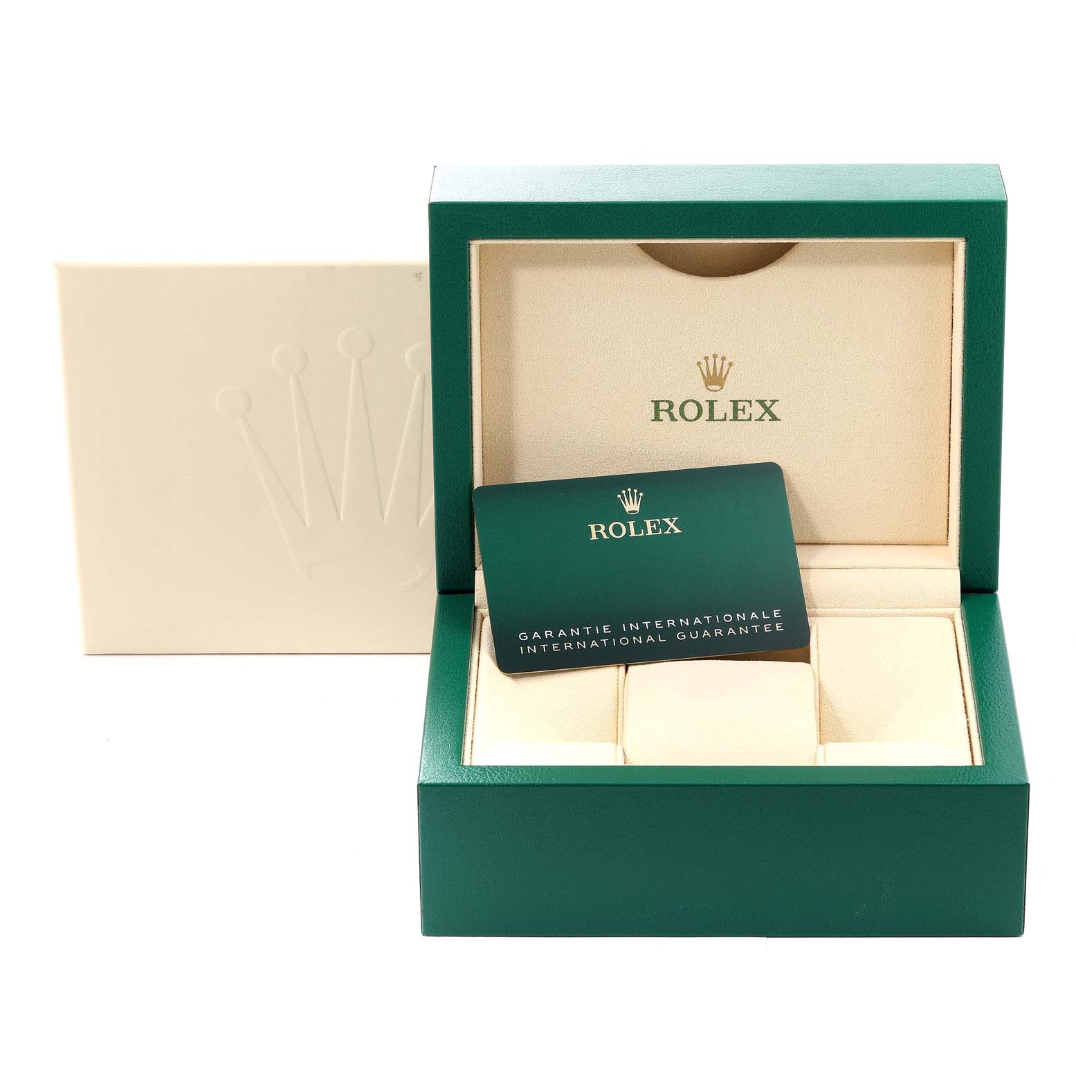 The image shows an open green Rolex box with a guarantee card, intended for the Datejust 41 model watch.