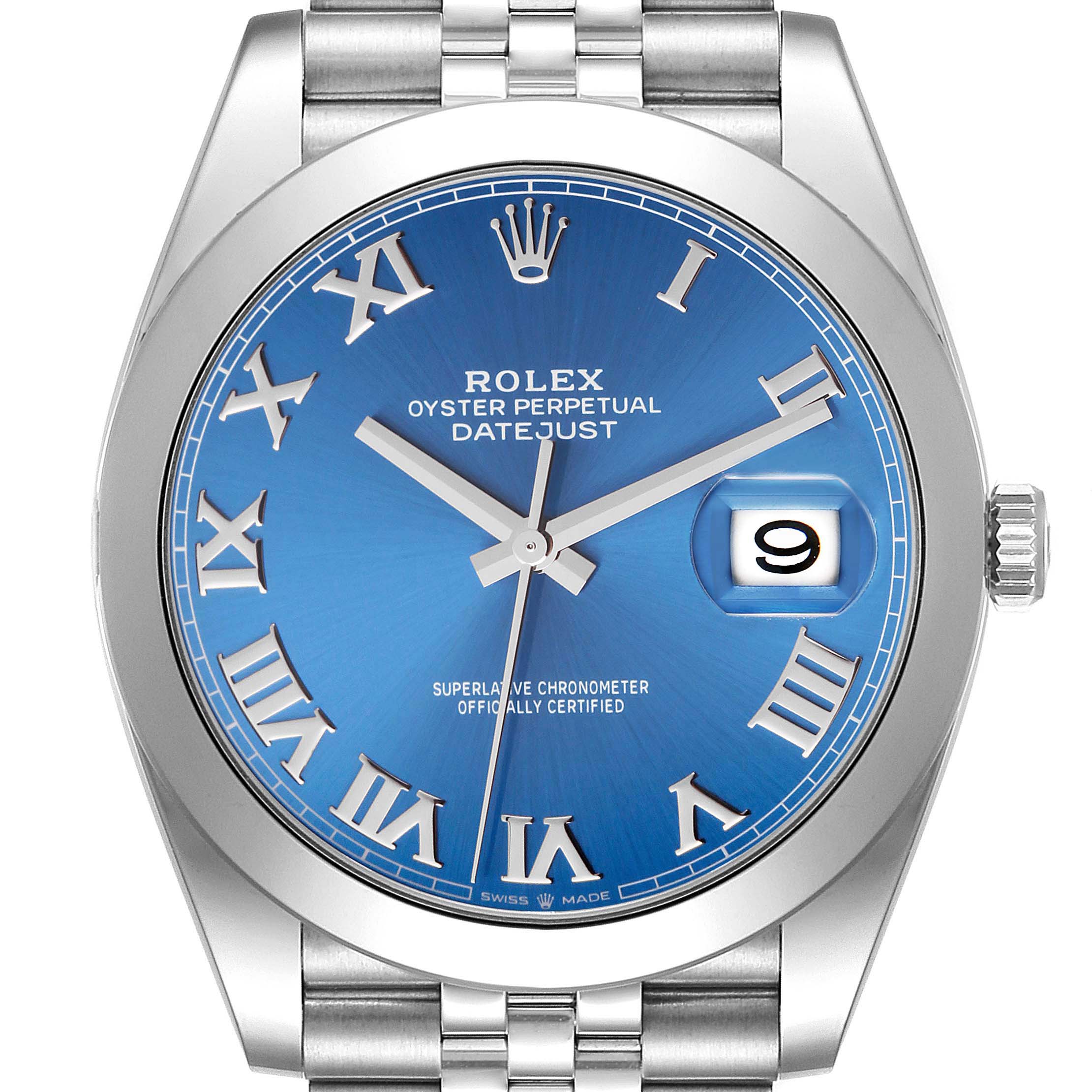 This is a front-facing view of a Rolex Datejust 41 126300 Men's Stainless Steel Blue Dial 126300 Men's Stainless Steel Blue Dial, showcasing its blue dial, Roman numerals, and date window.