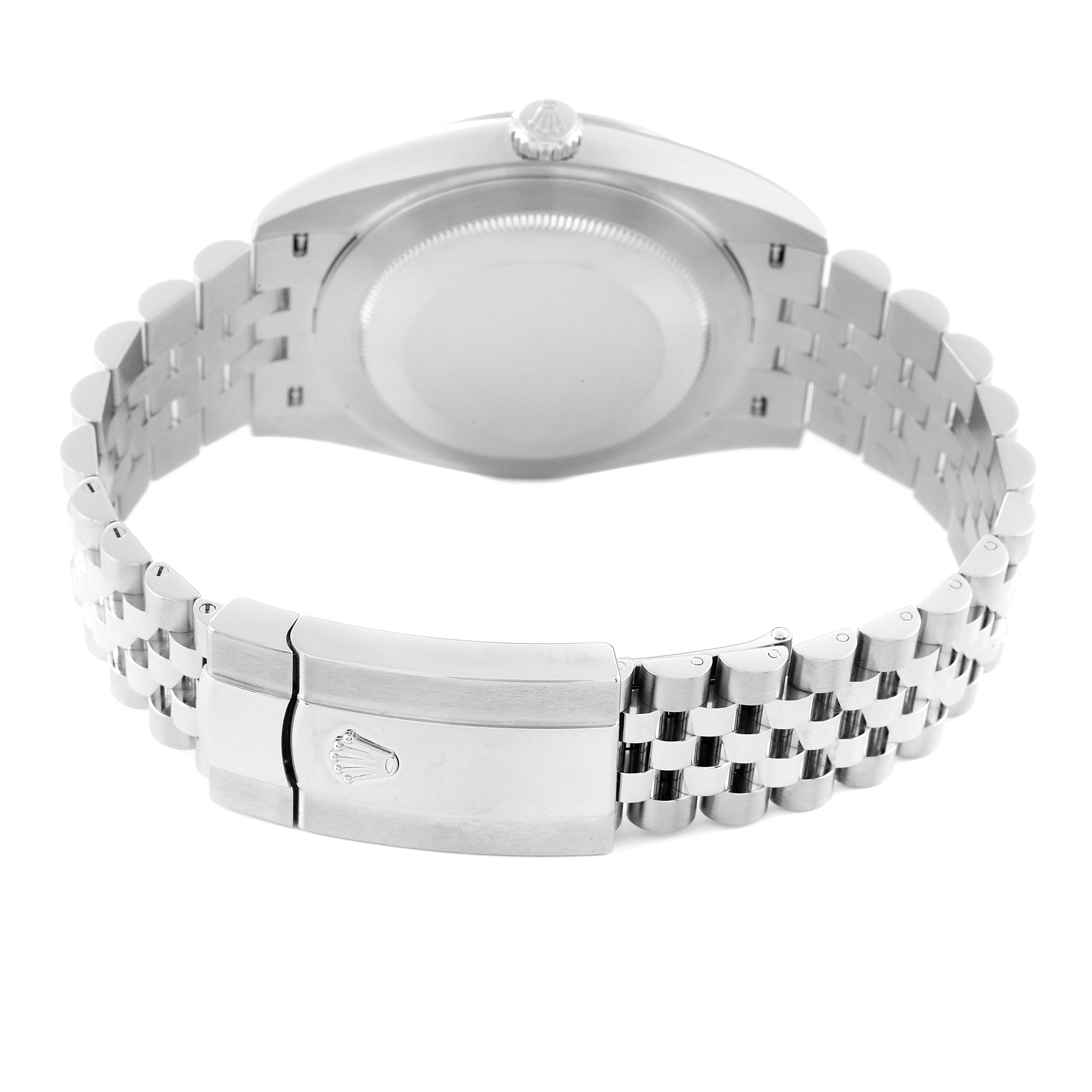 The image shows the rear view of a Rolex Datejust 41 126300 Men's Stainless Steel Blue Dial 126300 Men's Stainless Steel Blue Dial, highlighting the case back and Jubilee bracelet with a clasp.