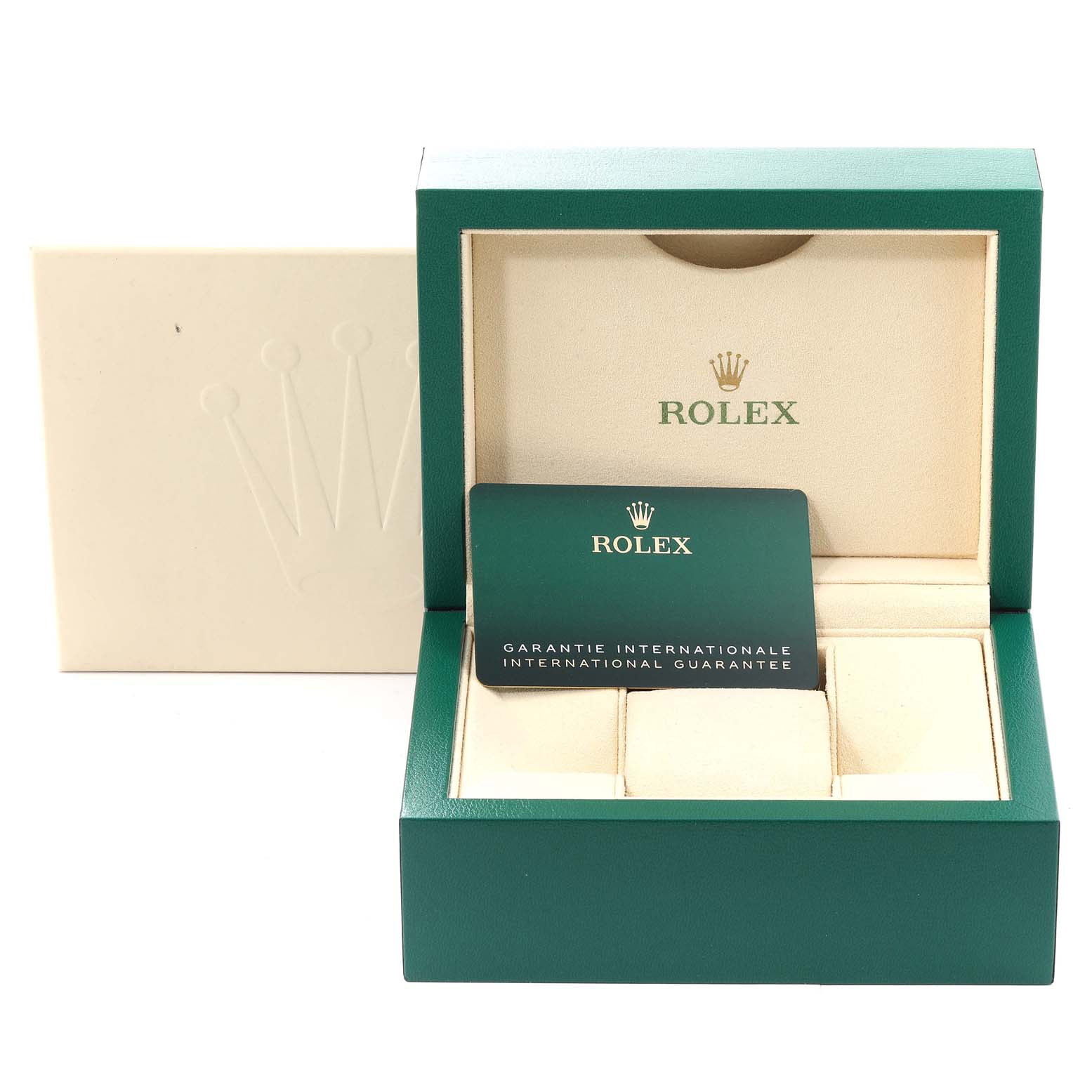 The image shows an open box for a Rolex Datejust 41 126300 Men's Stainless Steel Blue Dial 126300 Men's Stainless Steel Blue Dial model, displaying the inside of the box and the international guarantee card.