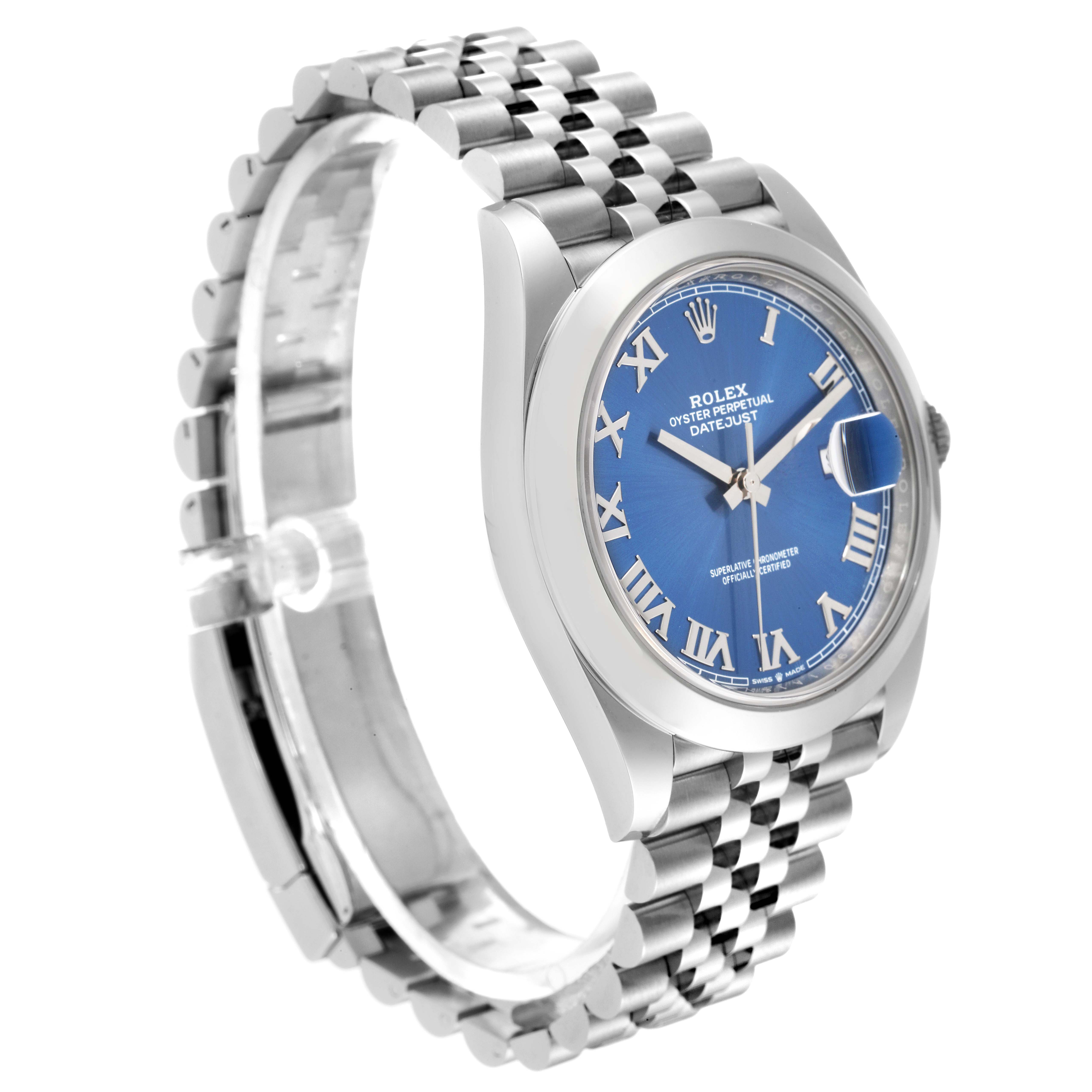 The Rolex Datejust 41 126300 Men's Stainless Steel Blue Dial 126300 Men's Stainless Steel Blue Dial model is shown at an angle highlighting the face with a blue dial and Roman numerals, and the Jubilee bracelet.