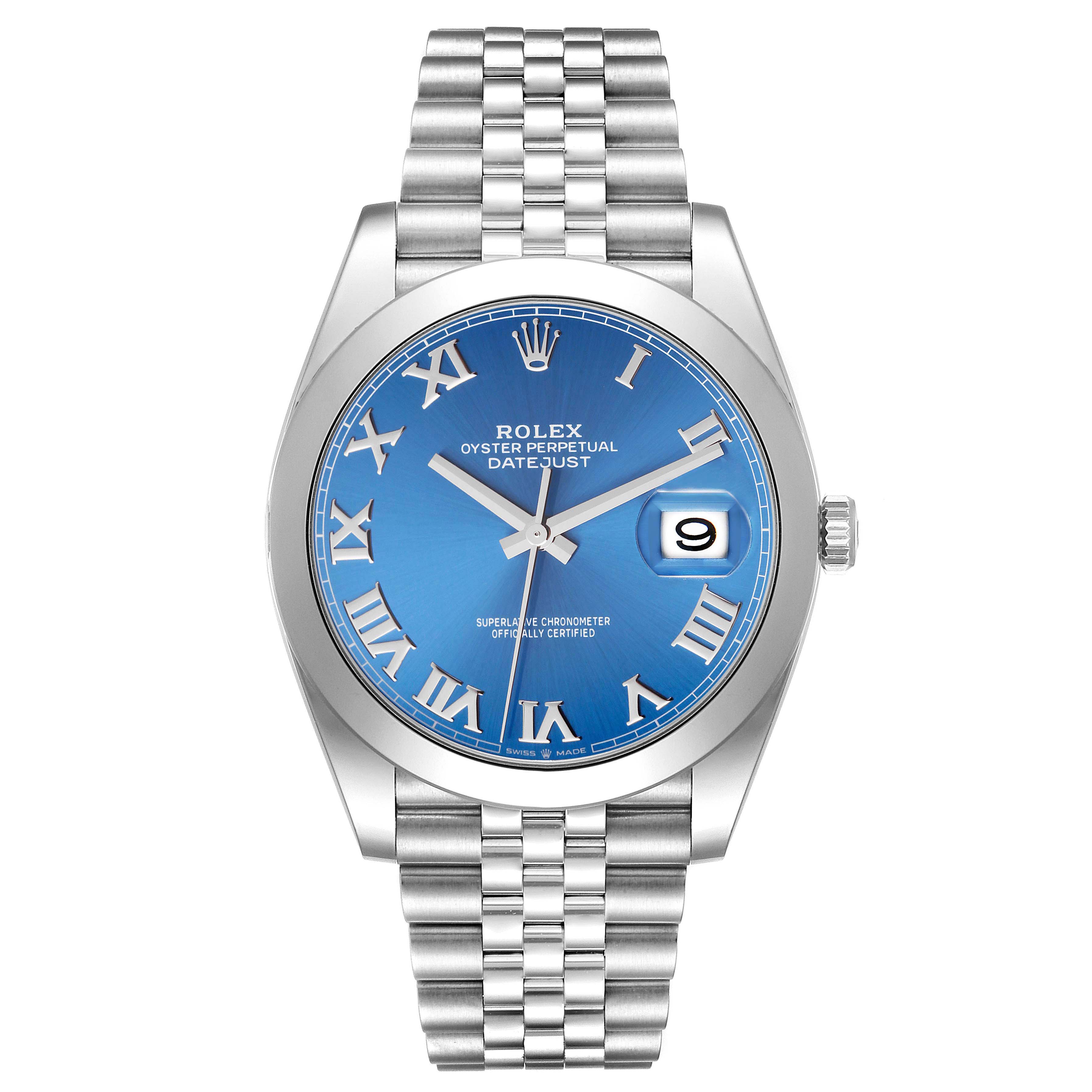 The image shows a frontal view of the Rolex Datejust 41 126300 Men's Stainless Steel Blue Dial 126300 Men's Stainless Steel Blue Dial watch with a blue dial and Roman numerals.