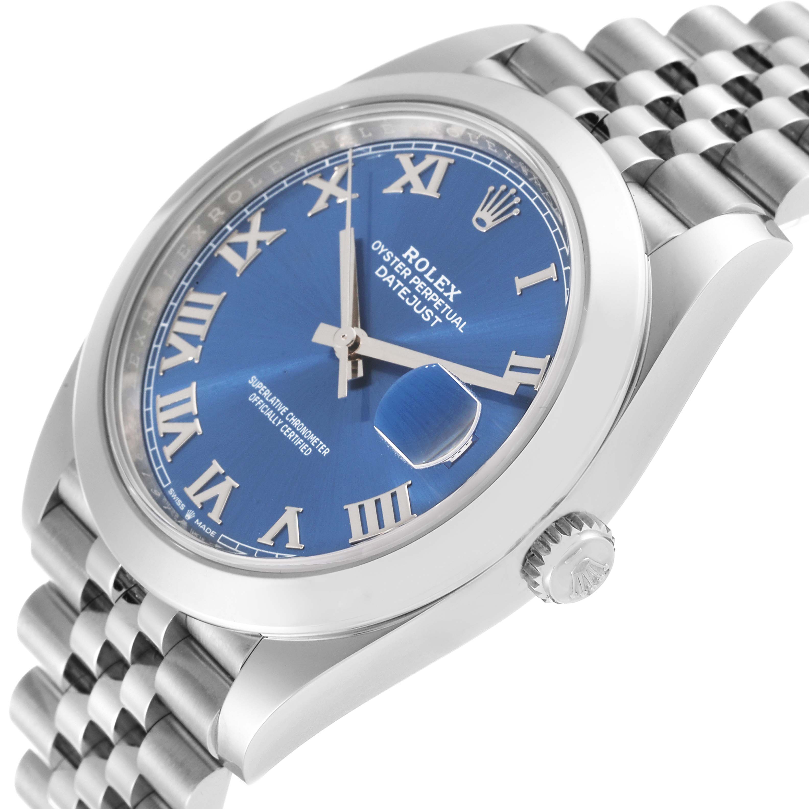 The Rolex Datejust 41 126300 Men's Stainless Steel Blue Dial 126300 Men's Stainless Steel Blue Dial is shown at an angled close-up, displaying the dial, bezel, crown, and part of the bracelet.