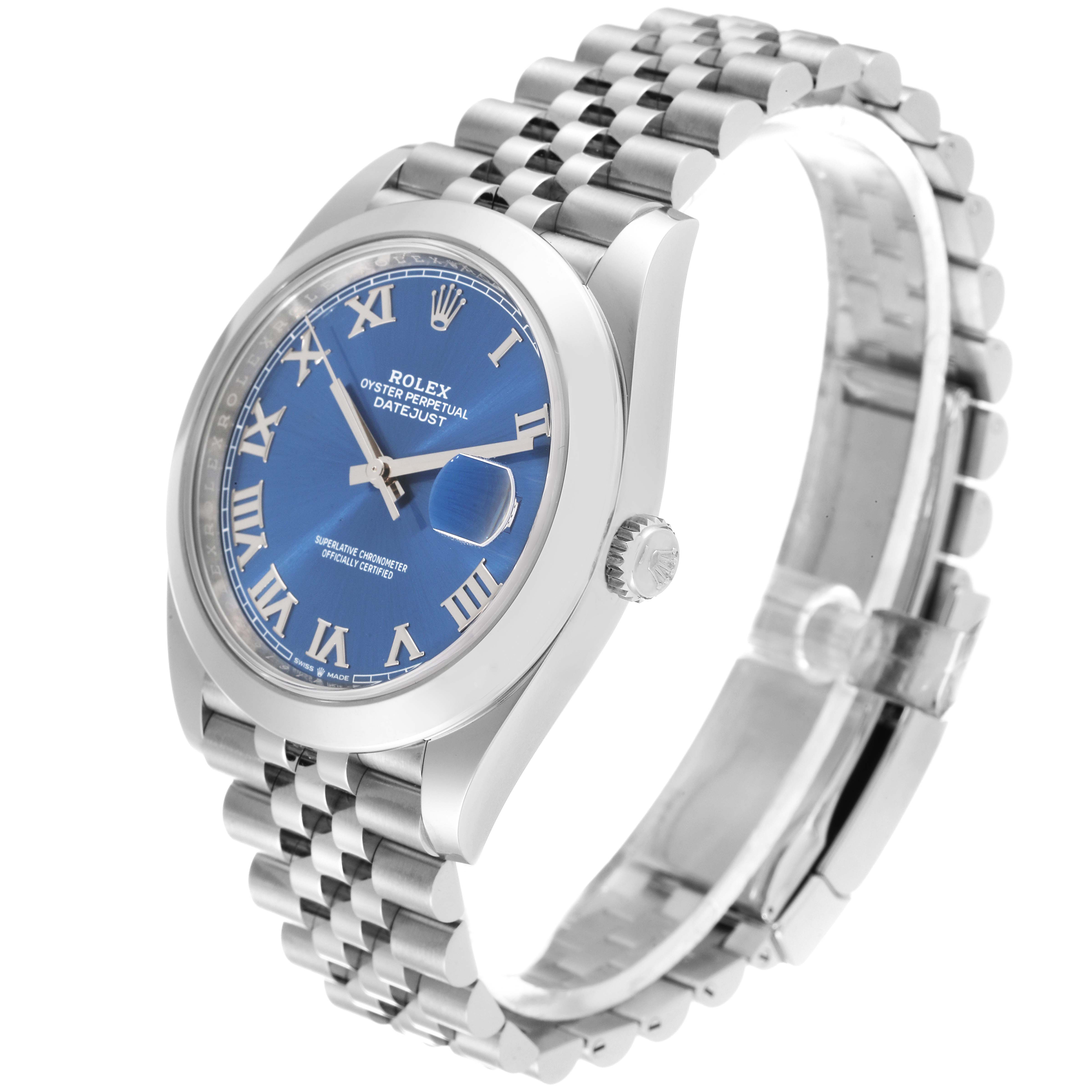 The image shows a Rolex Datejust 41 126300 Men's Stainless Steel Blue Dial 126300 Men's Stainless Steel Blue Dial watch at a slight angle, displaying its face, bezel, crown, and Jubilee bracelet.