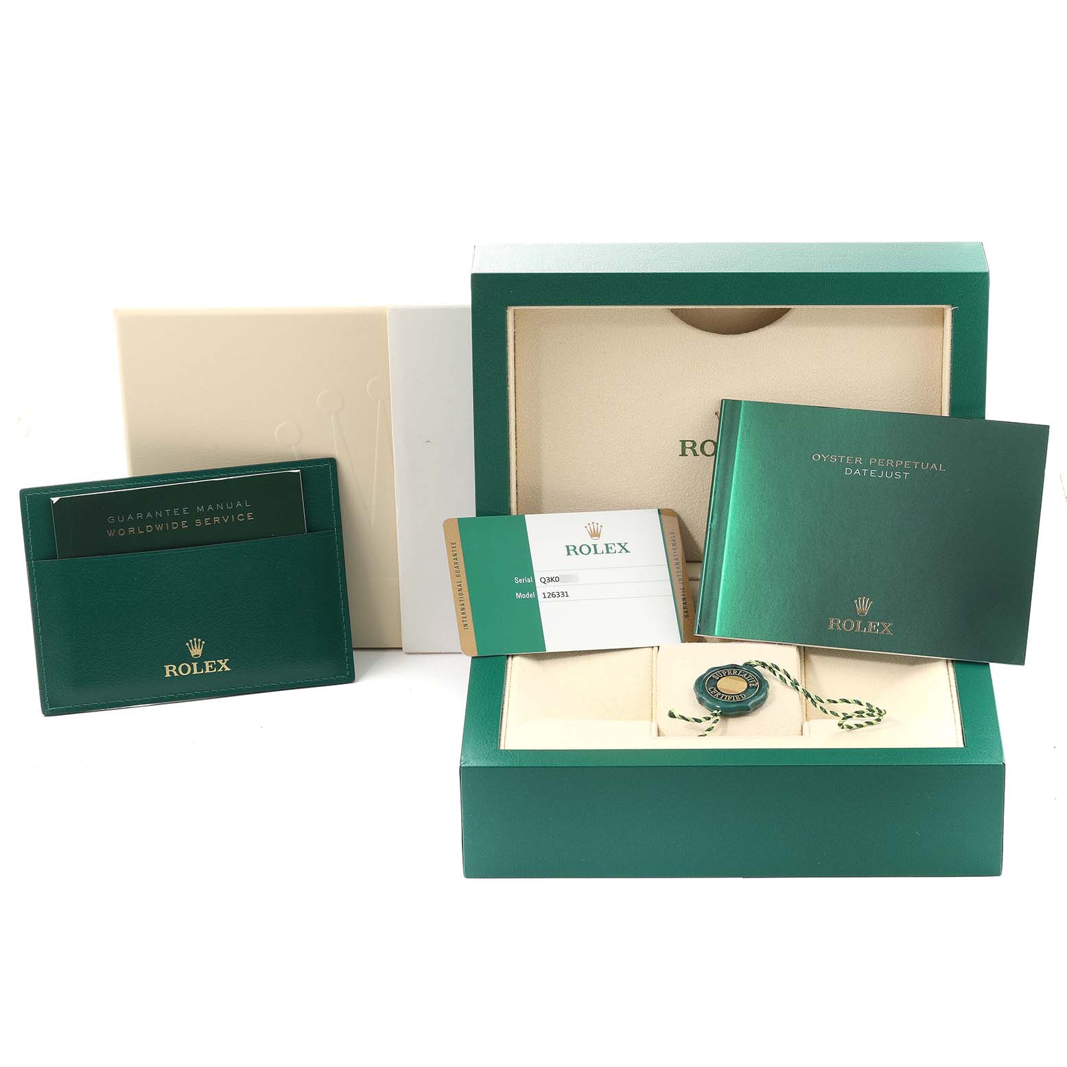 This image shows the Rolex Datejust 41 126331 Men's Steel and Gold (two tone) Brown Dial 126331 Men's Steel and Gold (two tone) Brown Dial model packaging, including the box, manuals, warranty card, and accessories.