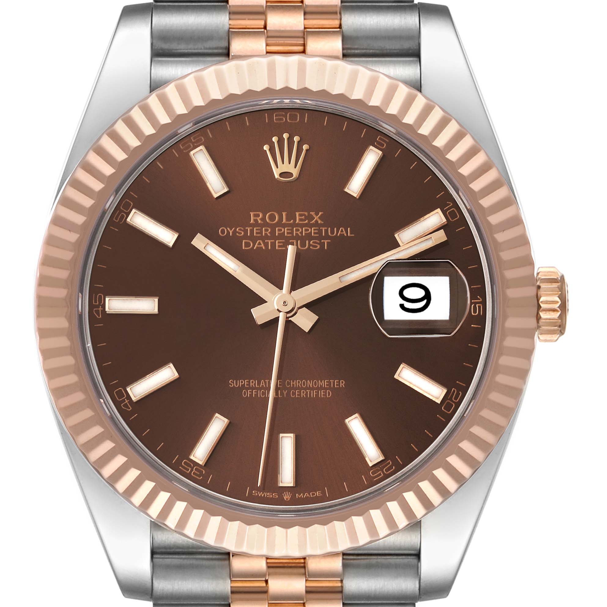 This image shows a close-up of the Rolex Datejust 41 126331 Men's Steel and Gold (two tone) Brown Dial 126331 Men's Steel and Gold (two tone) Brown Dial watch's face, bezel, and part of its two-tone bracelet.