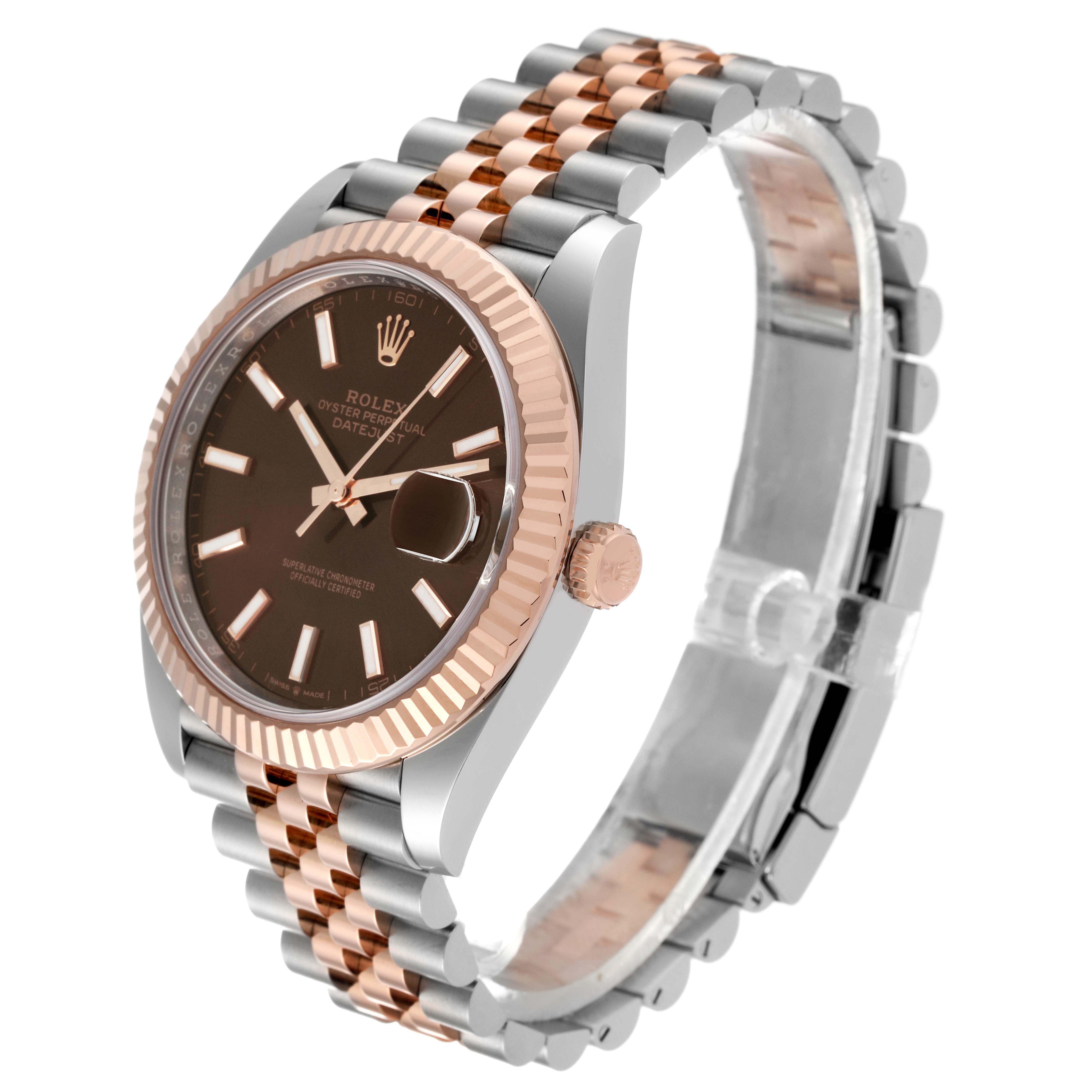 The image showcases a Rolex Datejust 41 126331 Men's Steel and Gold (two tone) Brown Dial 126331 Men's Steel and Gold (two tone) Brown Dial watch in a front-side angle, highlighting its two-tone bracelet and fluted bezel.
