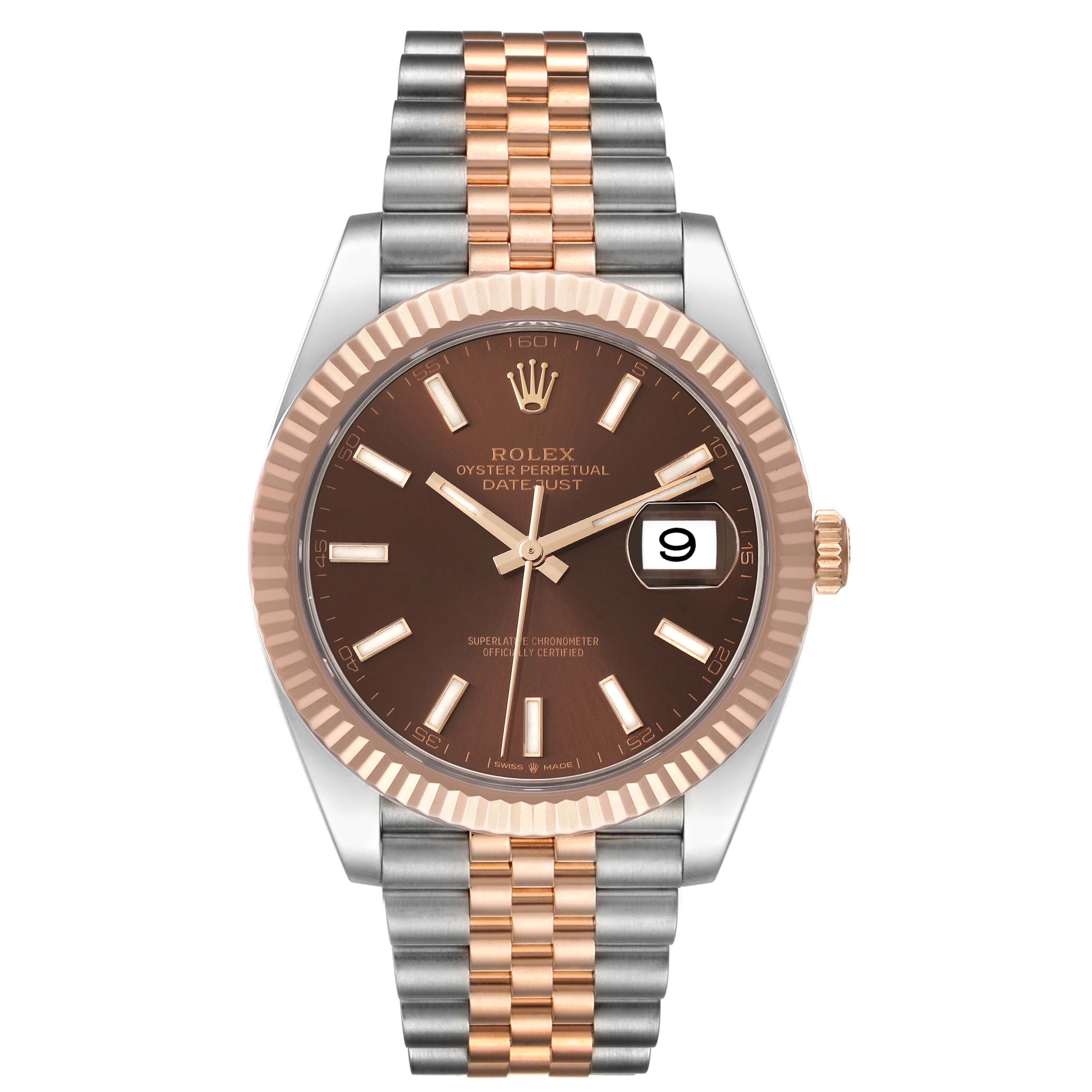 This image shows a front view of the Rolex Datejust 41 126331 Men's Steel and Gold (two tone) Brown Dial 126331 Men's Steel and Gold (two tone) Brown Dial, featuring a two-tone bracelet, fluted bezel, and brown dial.