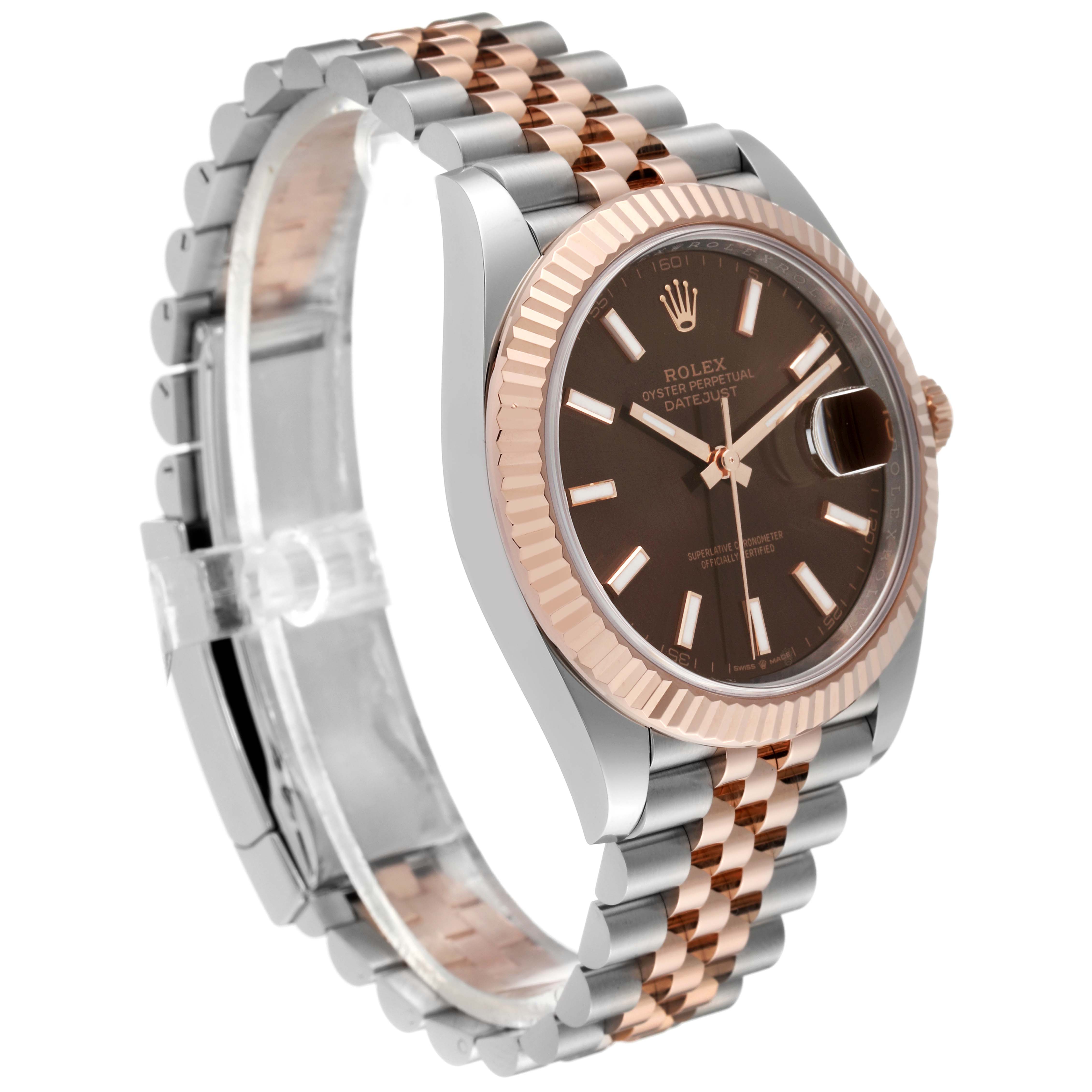 The image shows a Rolex Datejust 41 126331 Men's Steel and Gold (two tone) Brown Dial 126331 Men's Steel and Gold (two tone) Brown Dial model from an angled side view, featuring a two-tone band and fluted bezel.
