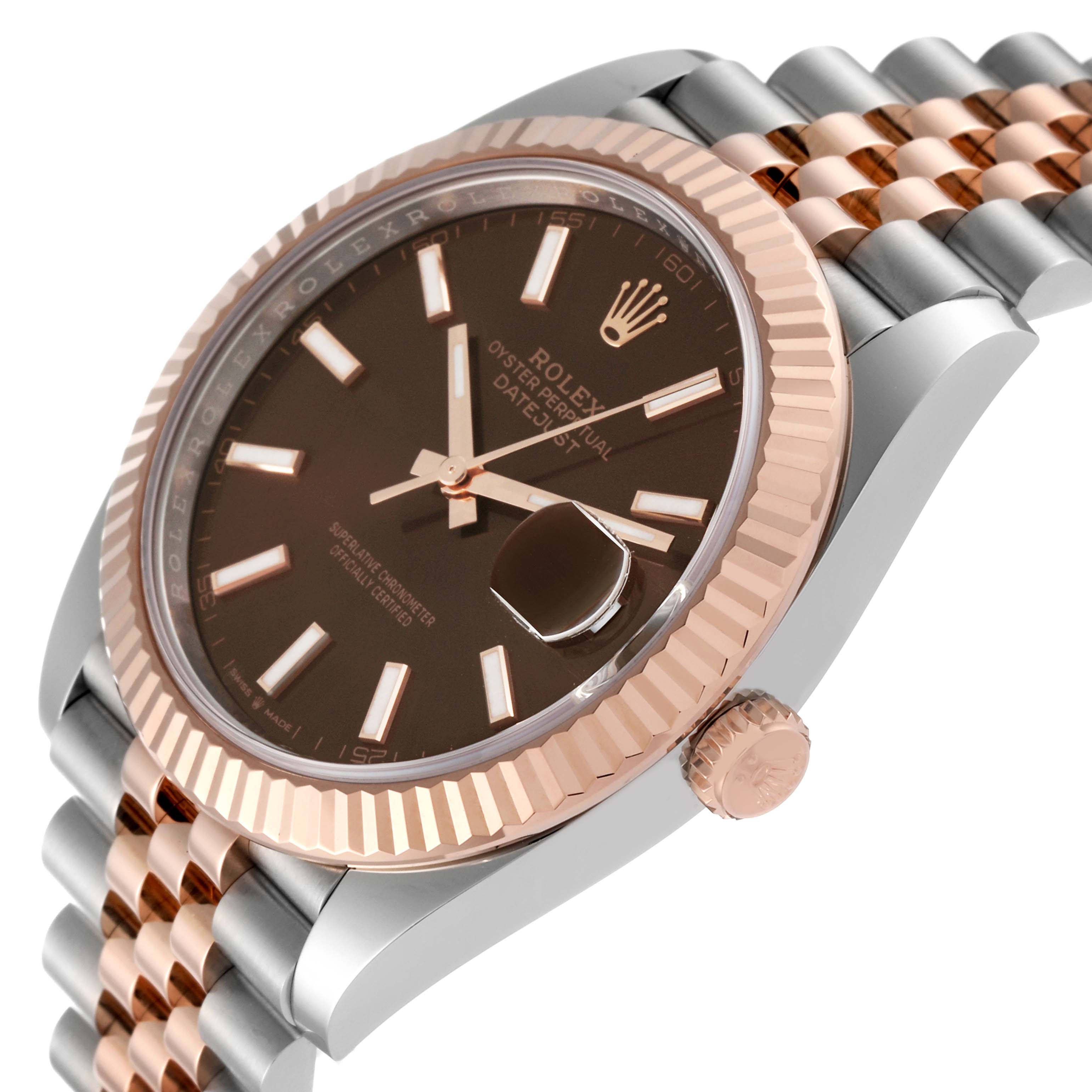 This image shows a close-up angle of the Rolex Datejust 41 126331 Men's Steel and Gold (two tone) Brown Dial 126331 Men's Steel and Gold (two tone) Brown Dial, displaying the dial, bezel, and part of the bracelet.