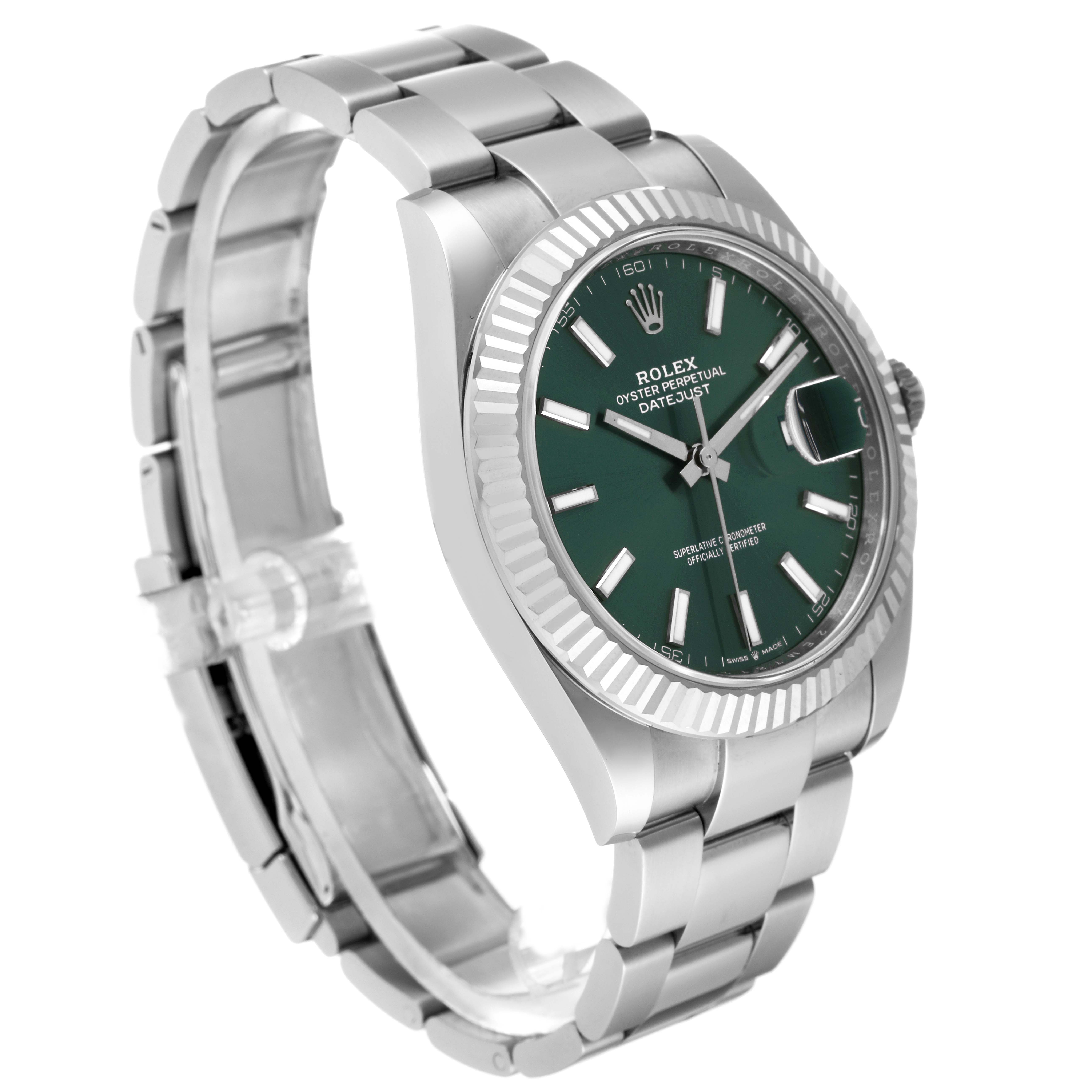 The Rolex Datejust 41 126334 Men
s Stainless Steel Green Dial 126334 Men
s Stainless Steel Green Dial is shown at a three-quarter angle, highlighting the dial, bezel, and stainless steel bracelet.
