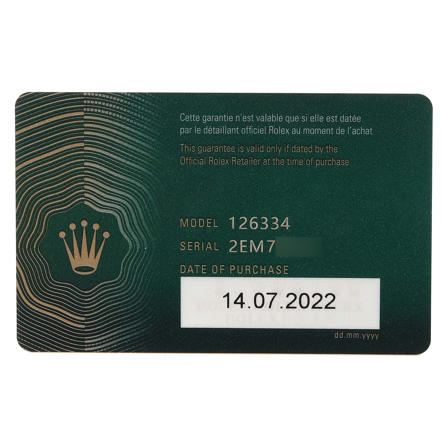 This image shows the warranty card for the Rolex Datejust 41 126334 Men
s Stainless Steel Green Dial 126334 Men
s Stainless Steel Green Dial model 126334.