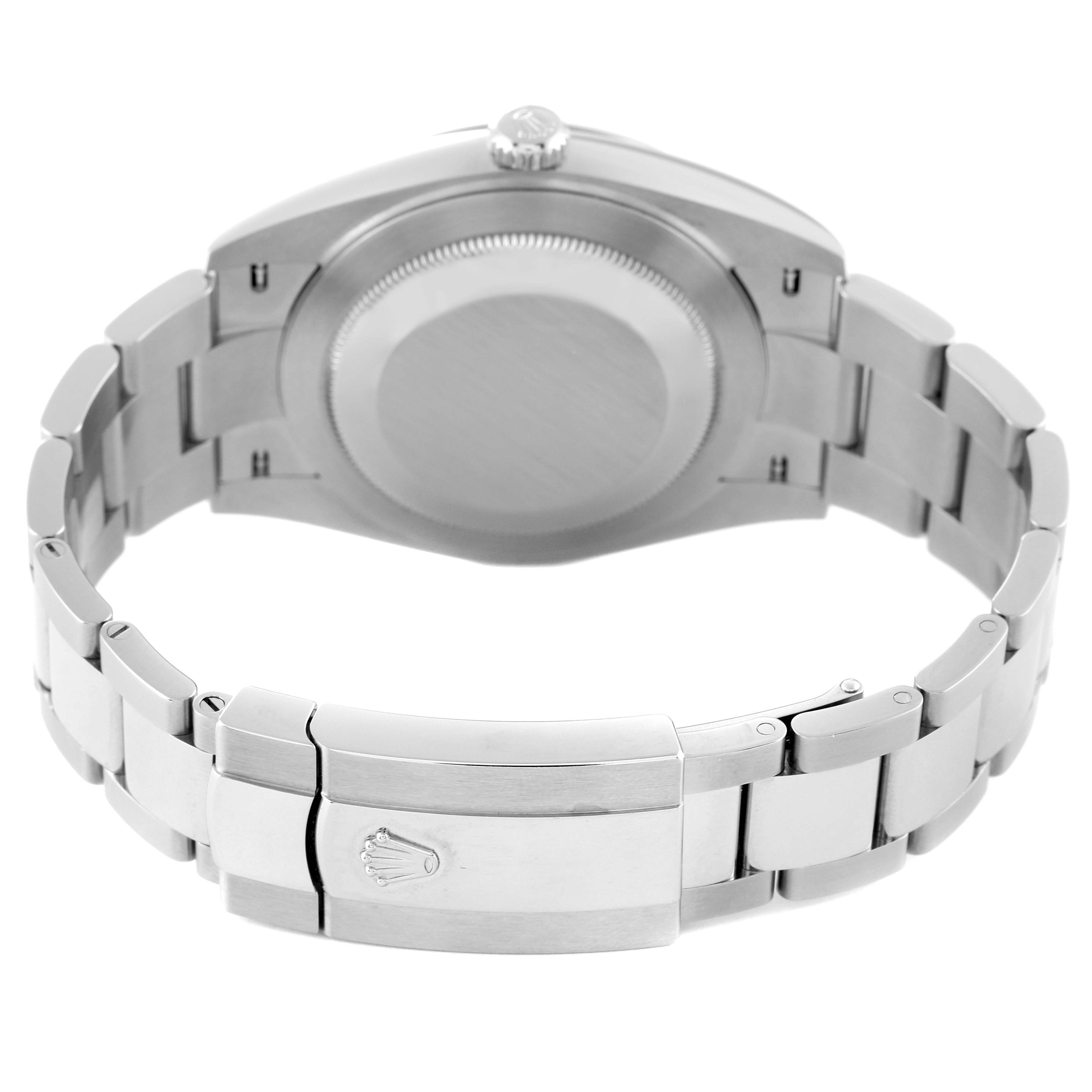 The image shows the back view of a Rolex Datejust 41 126334 Men
s Stainless Steel Green Dial 126334 Men
s Stainless Steel Green Dial, highlighting its stainless steel case back and bracelet.