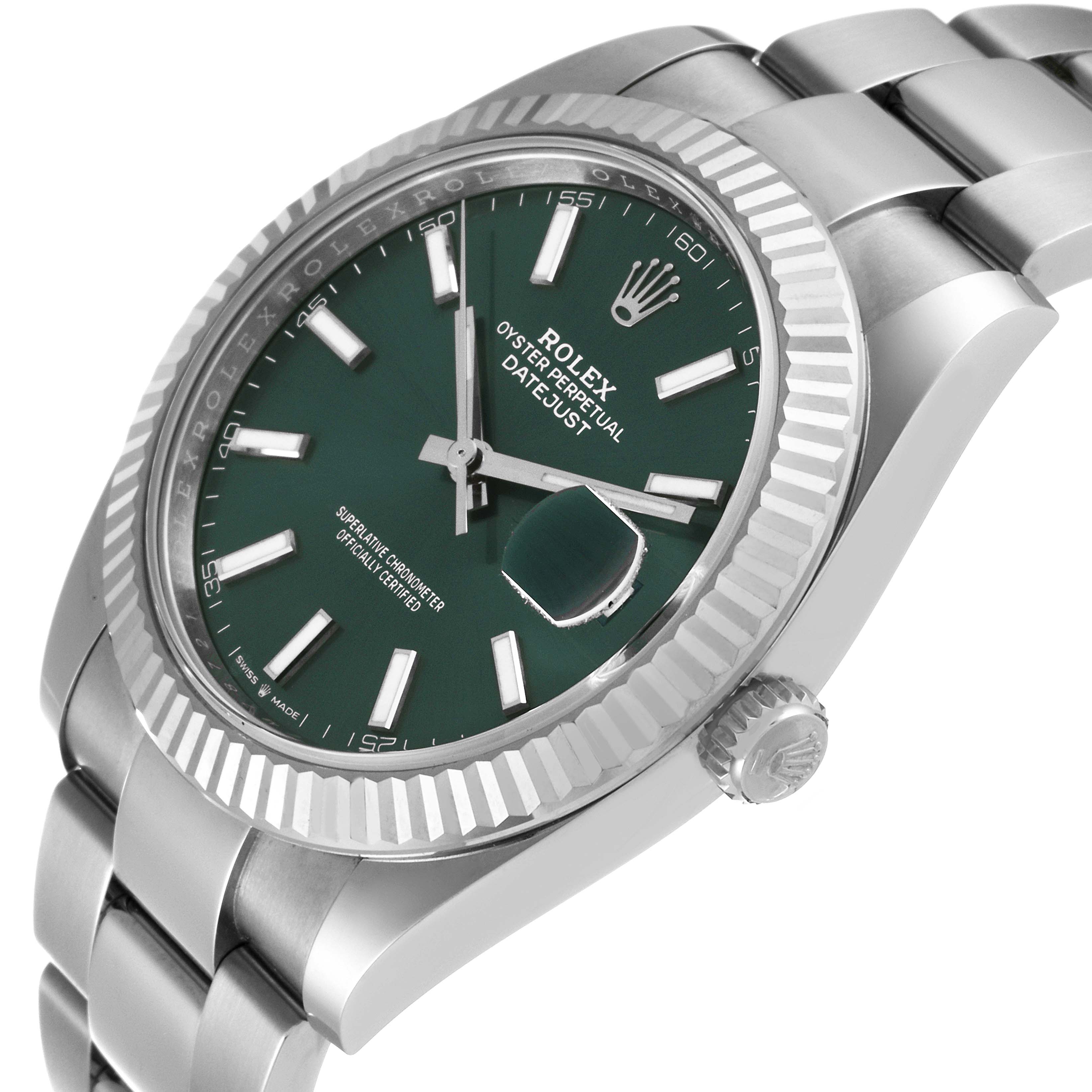 The image shows a Rolex Datejust 41 126334 Men
s Stainless Steel Green Dial 126334 Men
s Stainless Steel Green Dial watch from an oblique angle highlighting the dial, bracelet, and crown.