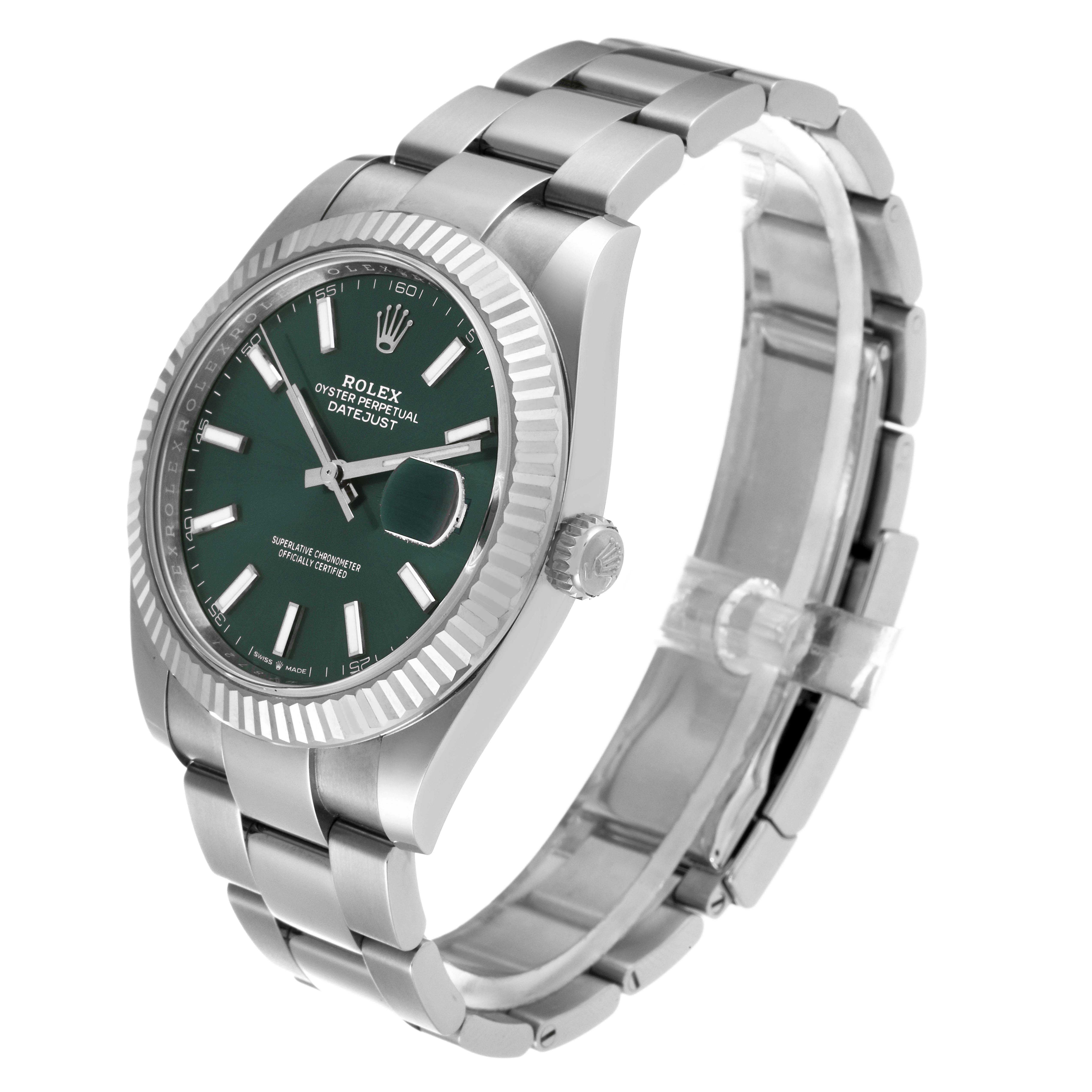 The image shows a Rolex Datejust 41 126334 Men
s Stainless Steel Green Dial 126334 Men
s Stainless Steel Green Dial watch from a side angle, displaying its dial, bezel, crown, and bracelet.