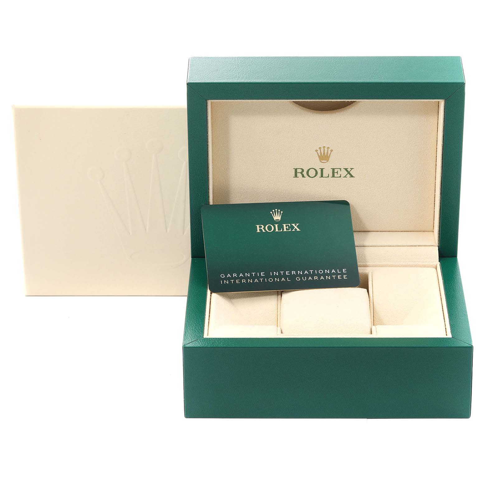 The image shows the Rolex Datejust 41 126334 Men
s Stainless Steel Green Dial 126334 Men
s Stainless Steel Green Dial
s green and cream watch box, warranty card, and outer packaging, viewed from the front.