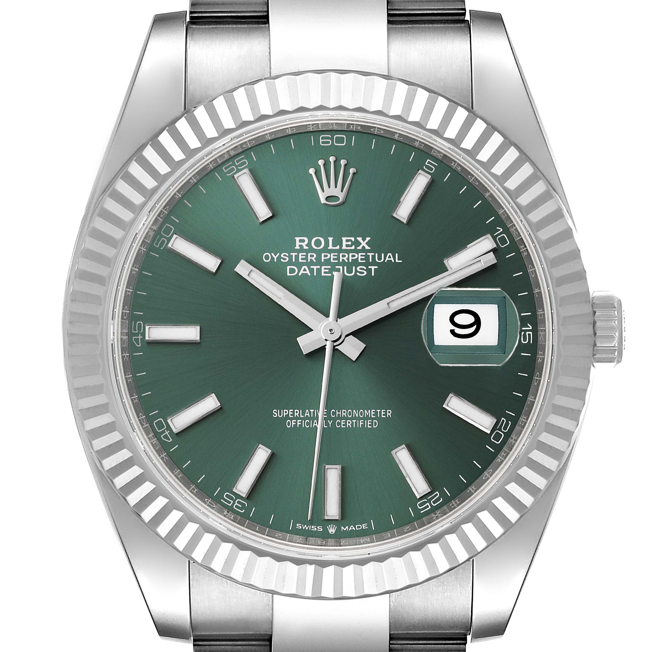 The image shows a frontal view of the Rolex Datejust 41 126334 Men
s Stainless Steel Green Dial 126334 Men
s Stainless Steel Green Dial, highlighting its green dial, fluted bezel, and date window at 3 o
clock.