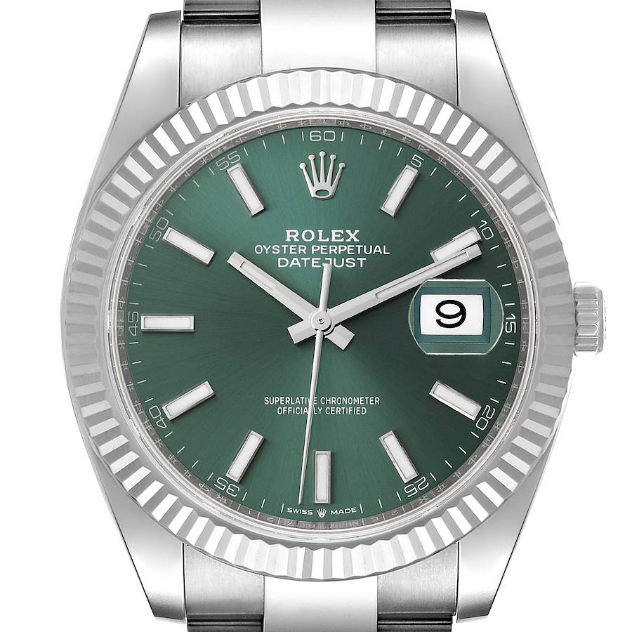 Rolex Datejust 41 Steel White Gold Mint Green Dial Mens Watch 126334 Unworn SwissWatchExpo