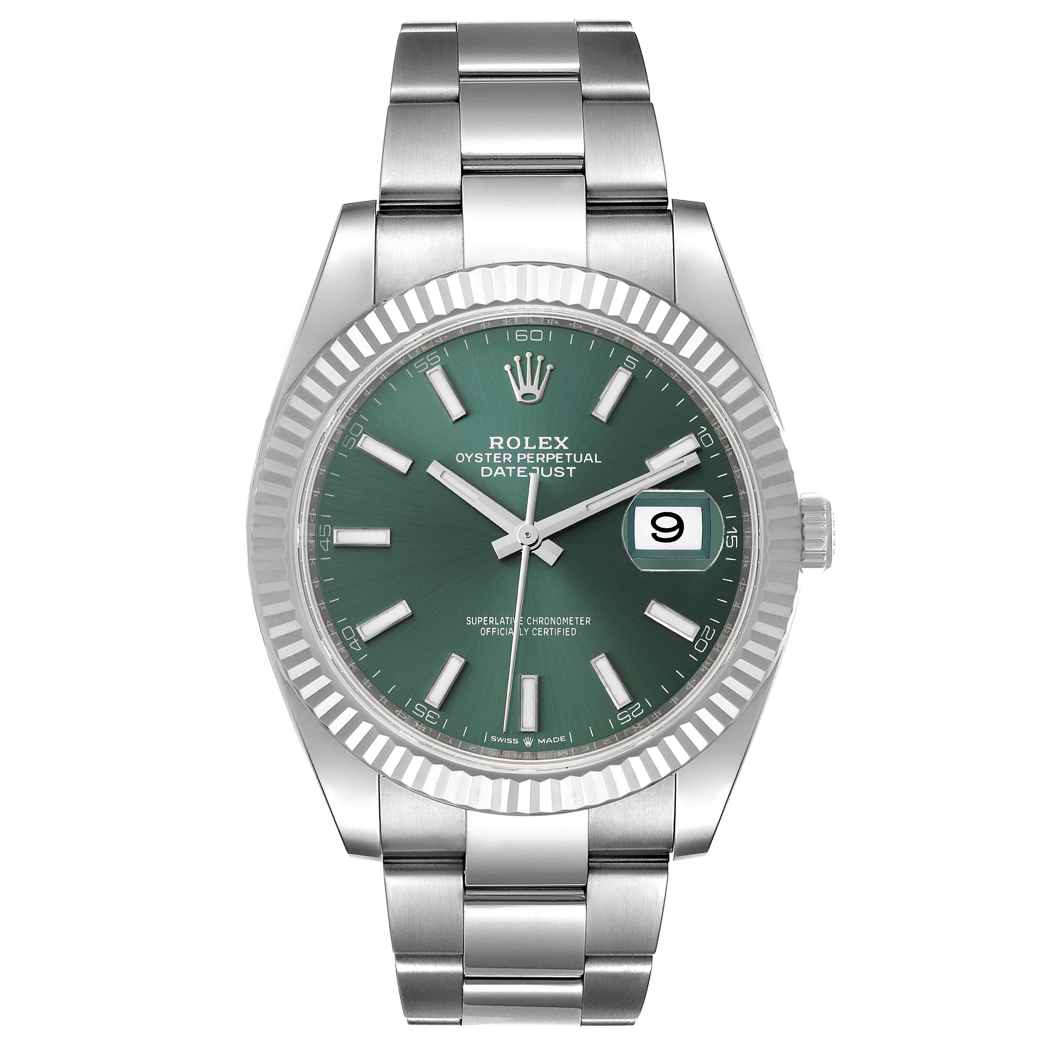This image shows a front view of the Rolex Datejust 41 126334 Men
s Stainless Steel Green Dial 126334 Men
s Stainless Steel Green Dial watch, highlighting the green dial, date window, and stainless steel bracelet.