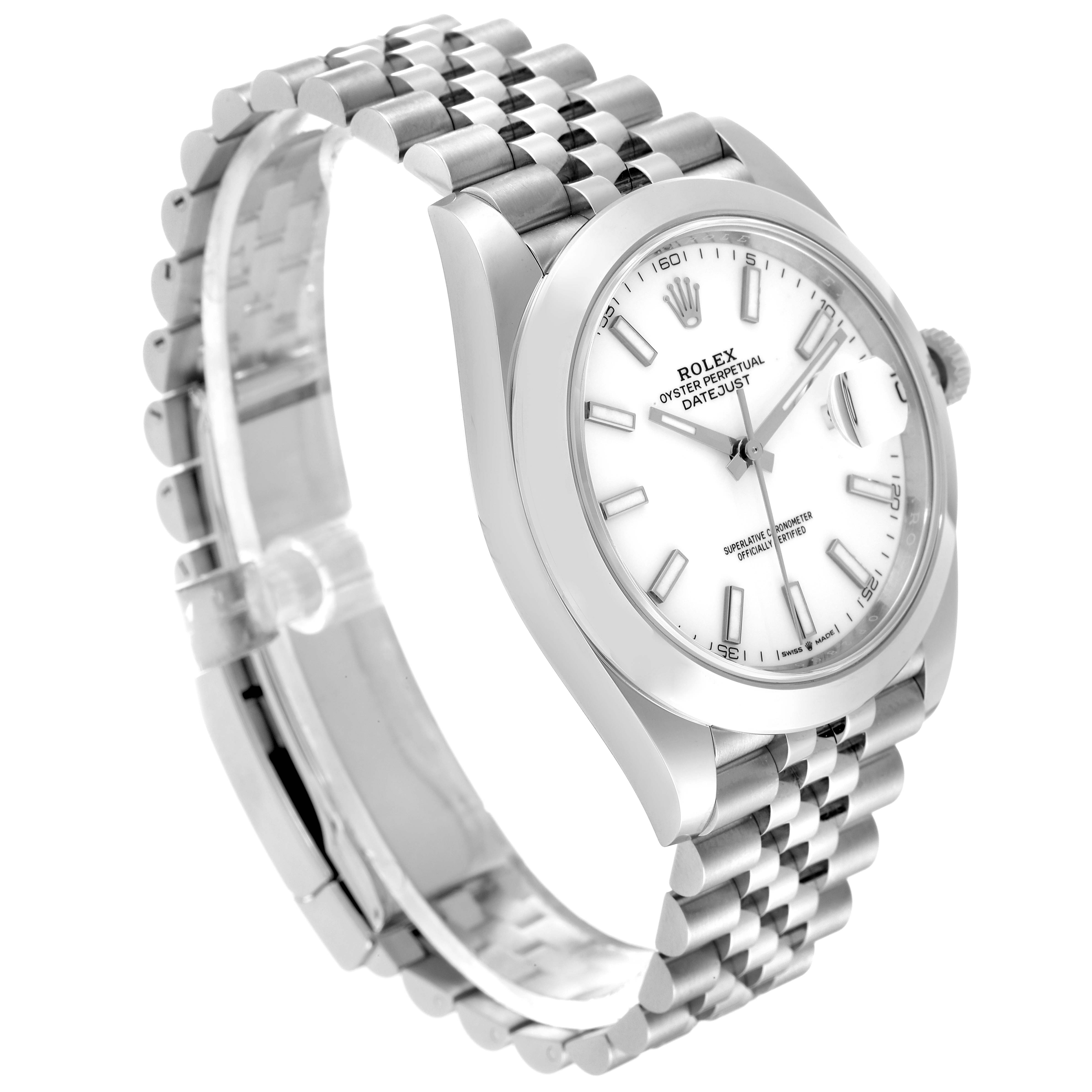 This image shows a side and partial front view of a Rolex Datejust 41 126300 Men's Stainless Steel White Dial 126300 Men's Stainless Steel White Dial watch, highlighting its white dial and Jubilee bracelet.
