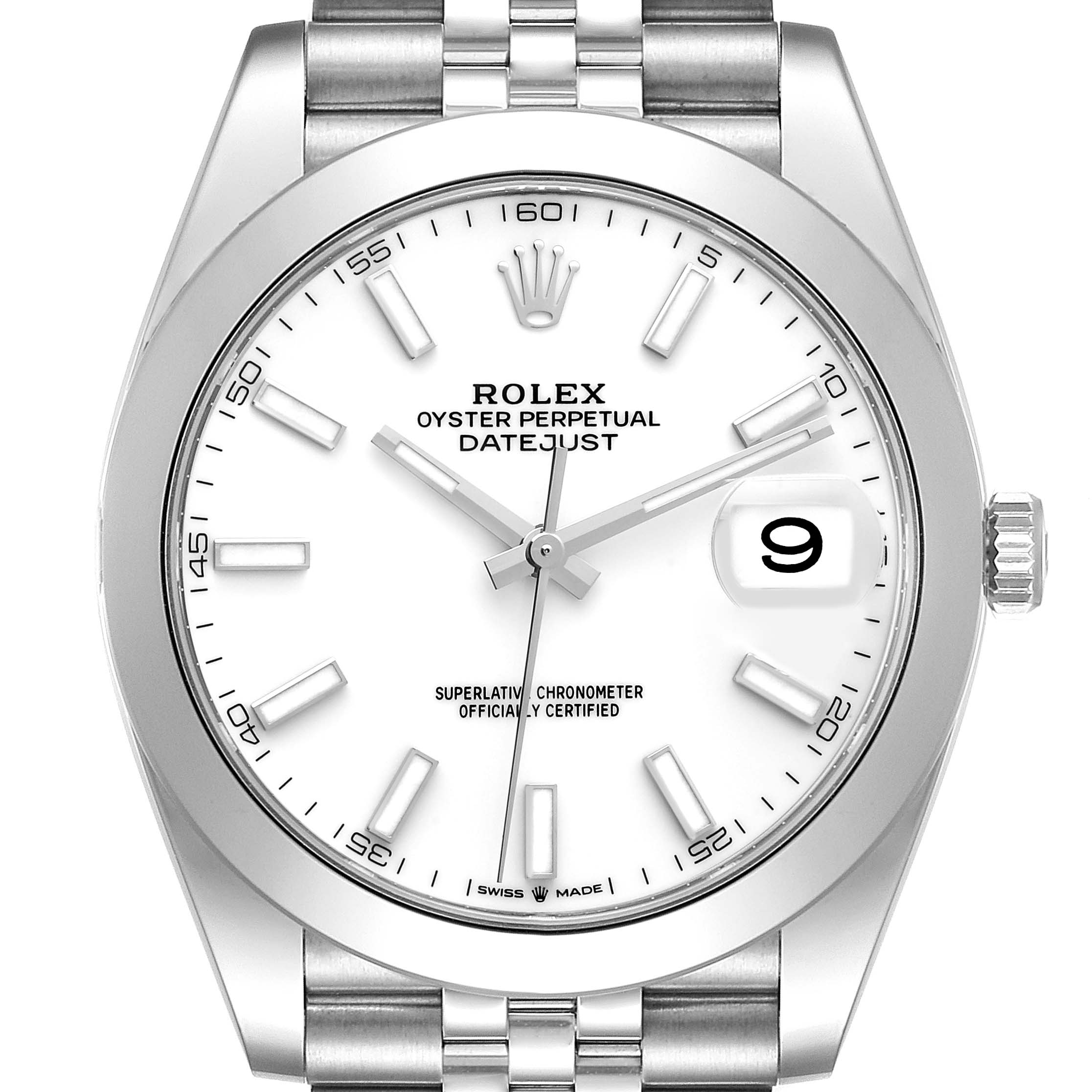 This image shows a Rolex Datejust 41 126300 Men's Stainless Steel White Dial 126300 Men's Stainless Steel White Dial watch from the front, displaying its dial, bezel, hands, crown, and bracelet.