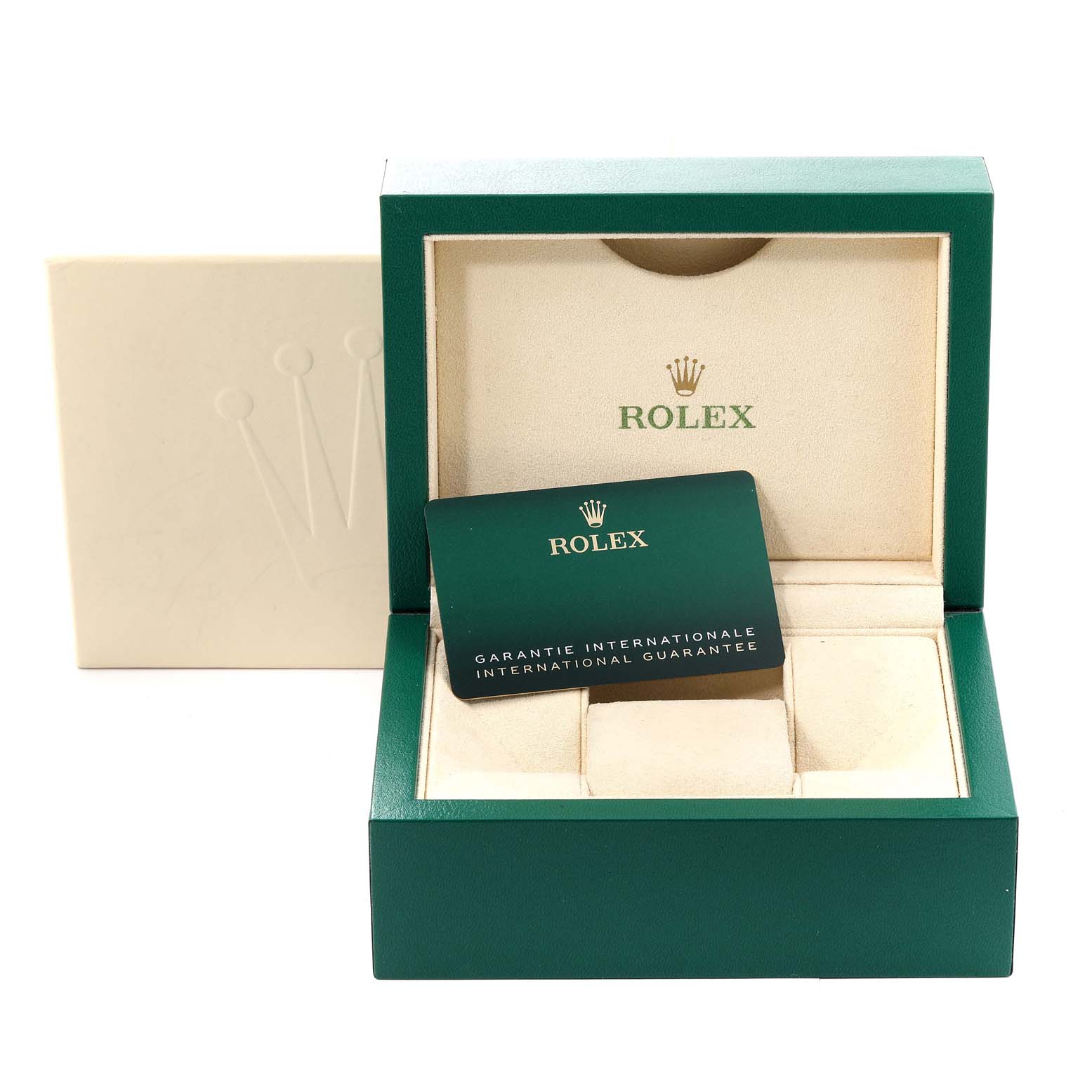 The image shows the opened Rolex Datejust 41 126300 Men's Stainless Steel White Dial 126300 Men's Stainless Steel White Dial watch box and warranty card, viewed from the front.