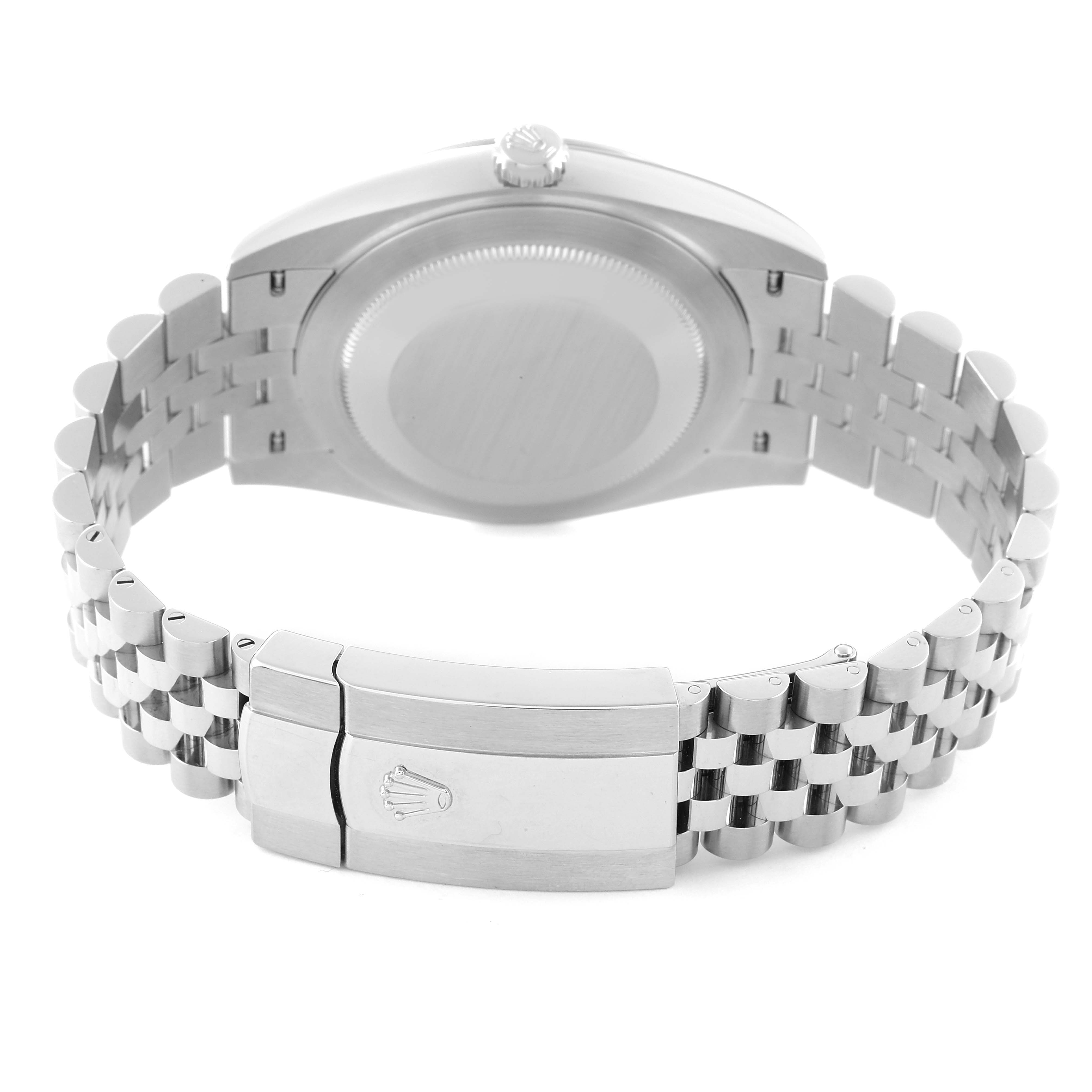 This image features the back view of a Rolex Datejust 41 126300 Men's Stainless Steel White Dial 126300 Men's Stainless Steel White Dial, showing the case back and Jubilee bracelet with the clasp.