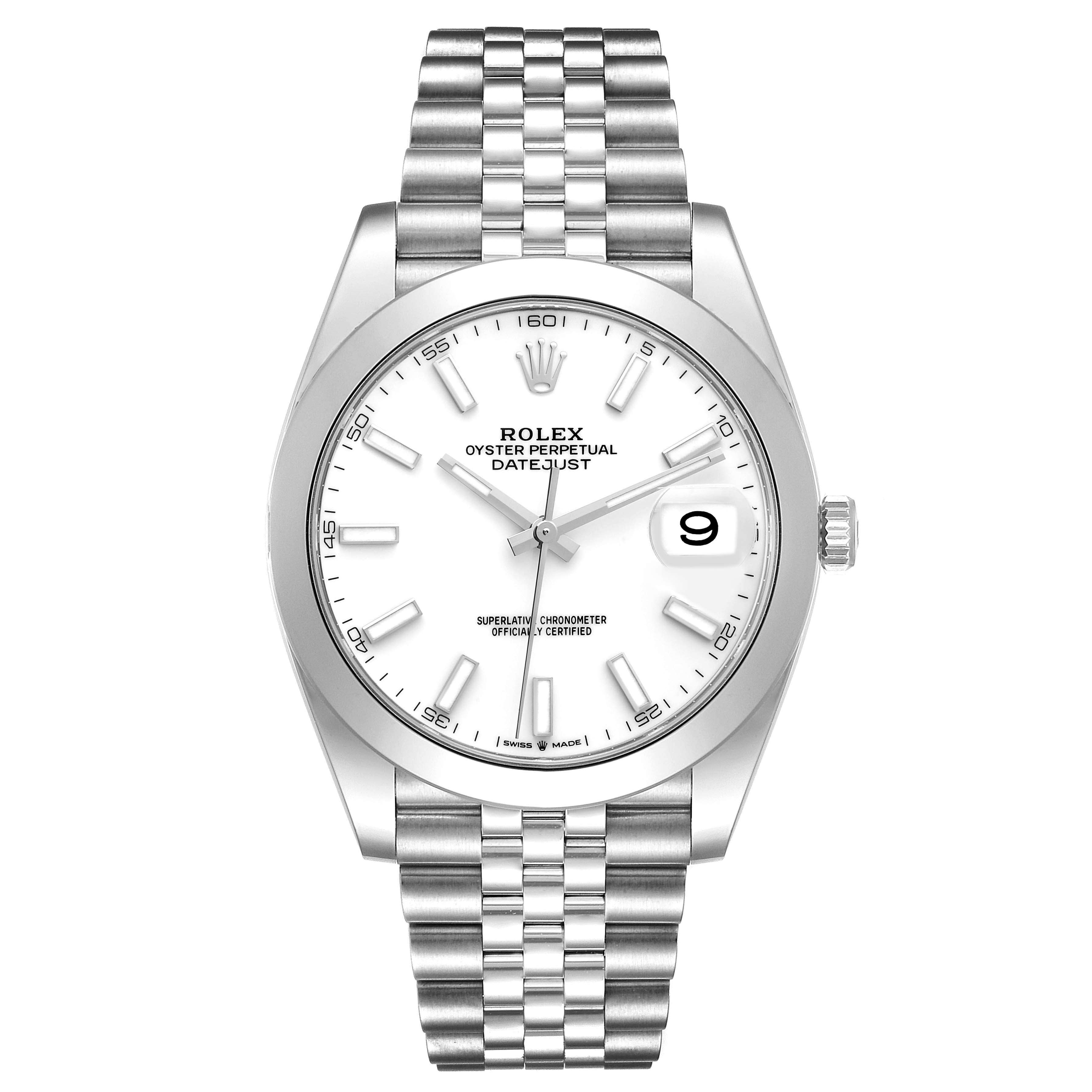 This image shows a front view of a Rolex Datejust 41 126300 Men's Stainless Steel White Dial 126300 Men's Stainless Steel White Dial watch, highlighting its dial, bezel, and bracelet.