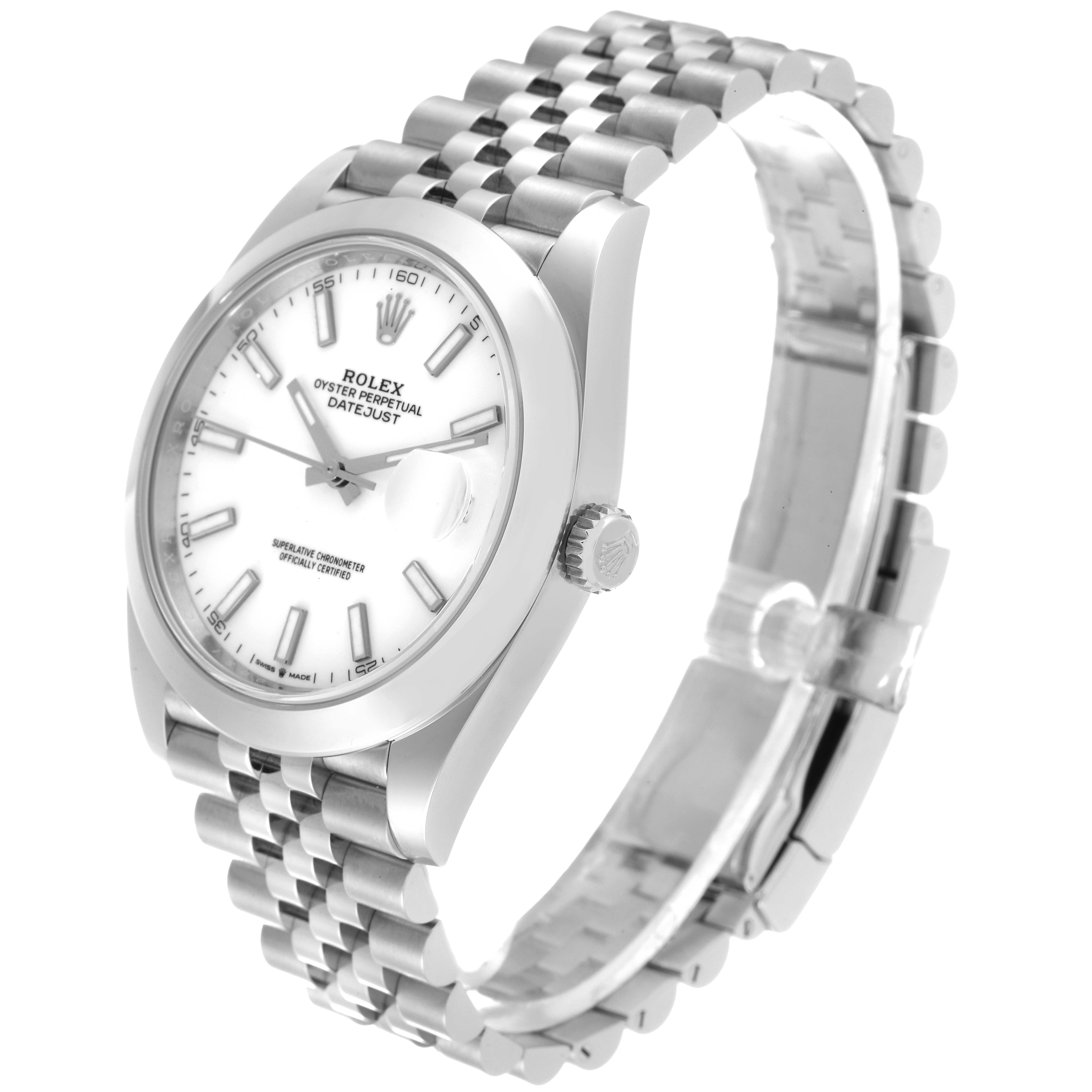 The image shows a Rolex Datejust 41 126300 Men's Stainless Steel White Dial 126300 Men's Stainless Steel White Dial model watch at a three-quarter angle, displaying the face, case, crown, and bracelet.