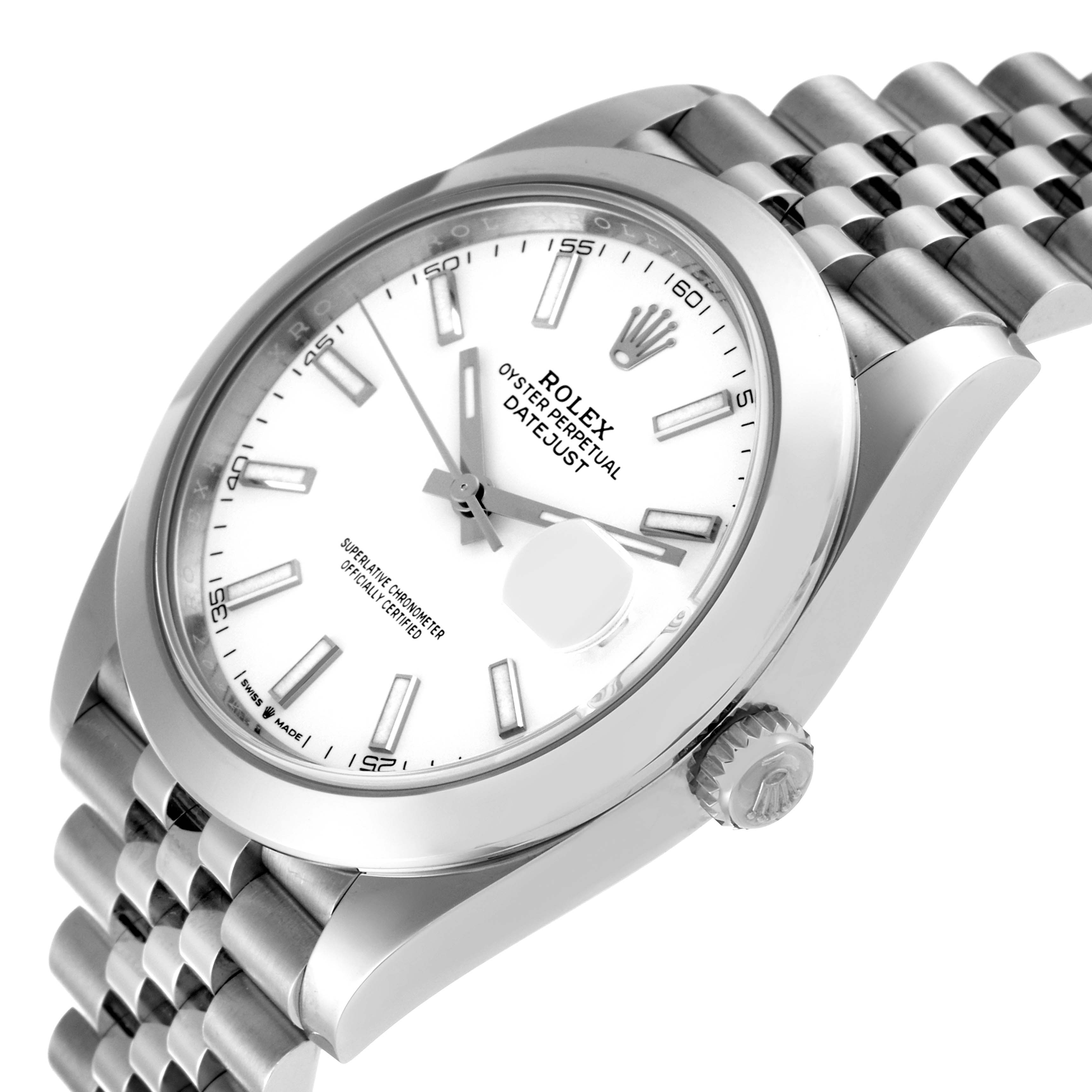 The image shows a close-up angle of the Rolex Datejust 41 126300 Men's Stainless Steel White Dial 126300 Men's Stainless Steel White Dial watch, featuring its face, bezel, crown, and part of its bracelet.