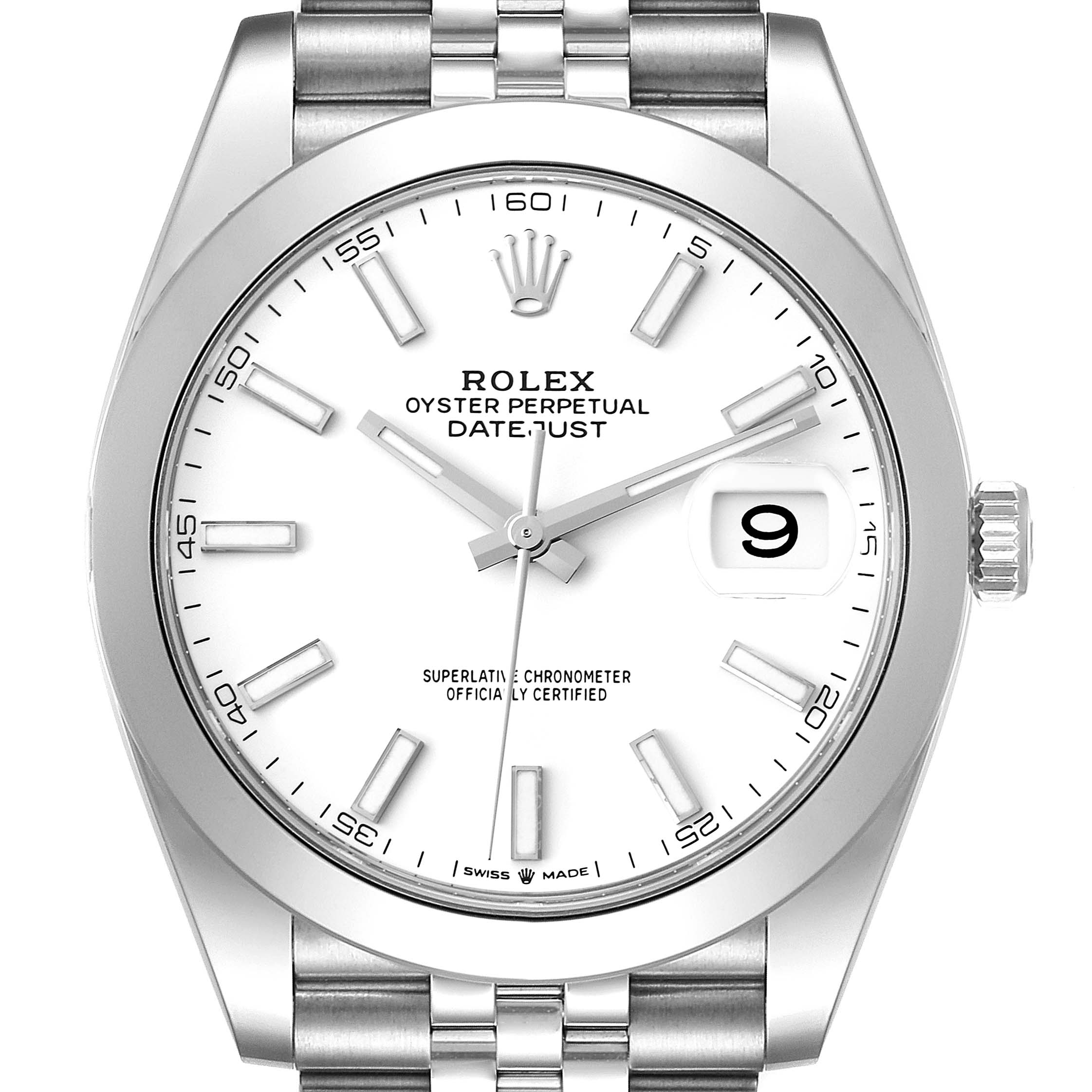The image shows a frontal view of the Rolex Datejust 41 126300 Men's Stainless Steel White Dial 126300 Men's Stainless Steel White Dial watch displaying its dial, bezel, and part of the bracelet.