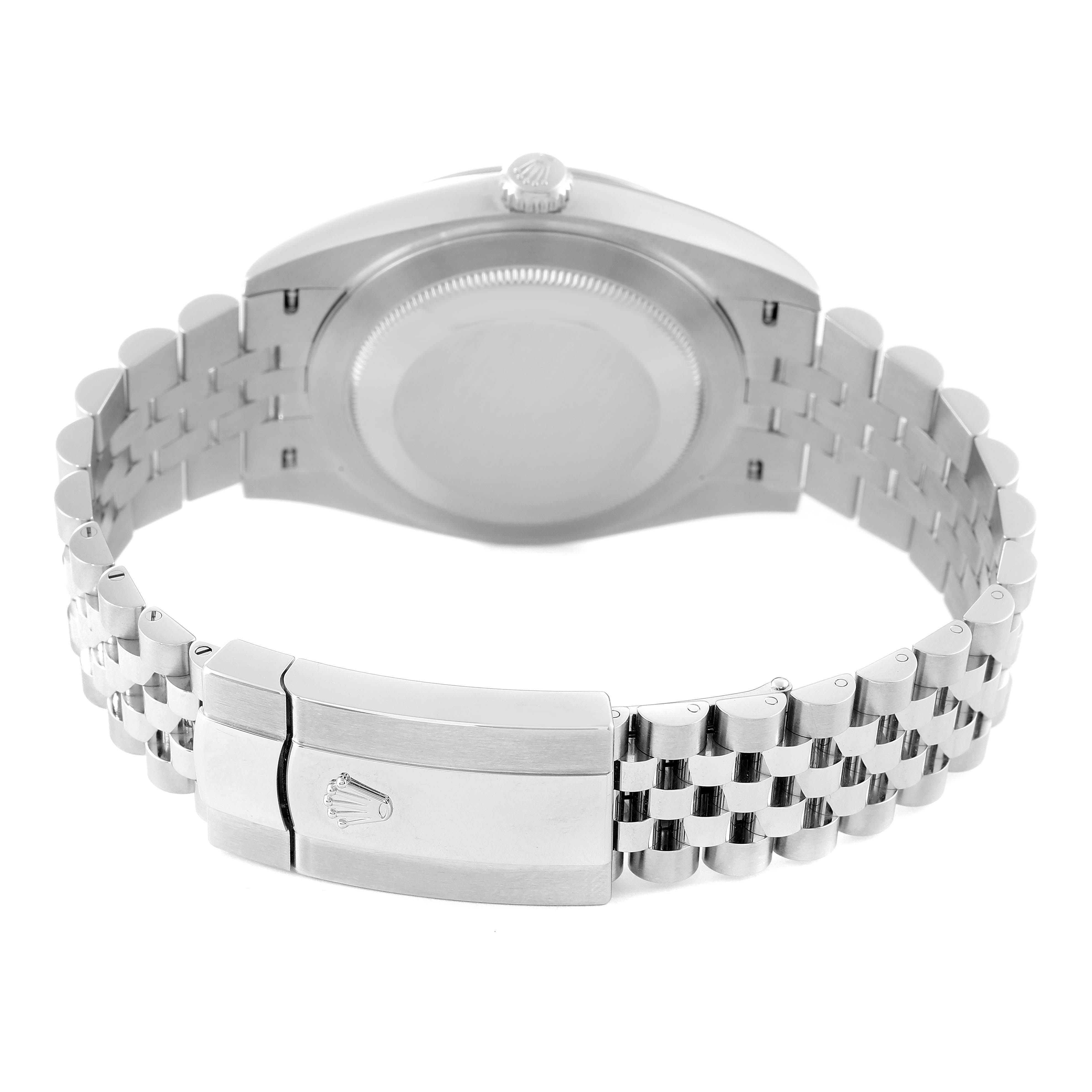 The image shows the back view of a Rolex Datejust 41 126300 Men's Stainless Steel White Dial 126300 Men's Stainless Steel White Dial model, highlighting the case back, crown, and Jubilee bracelet with the Rolex clasp.