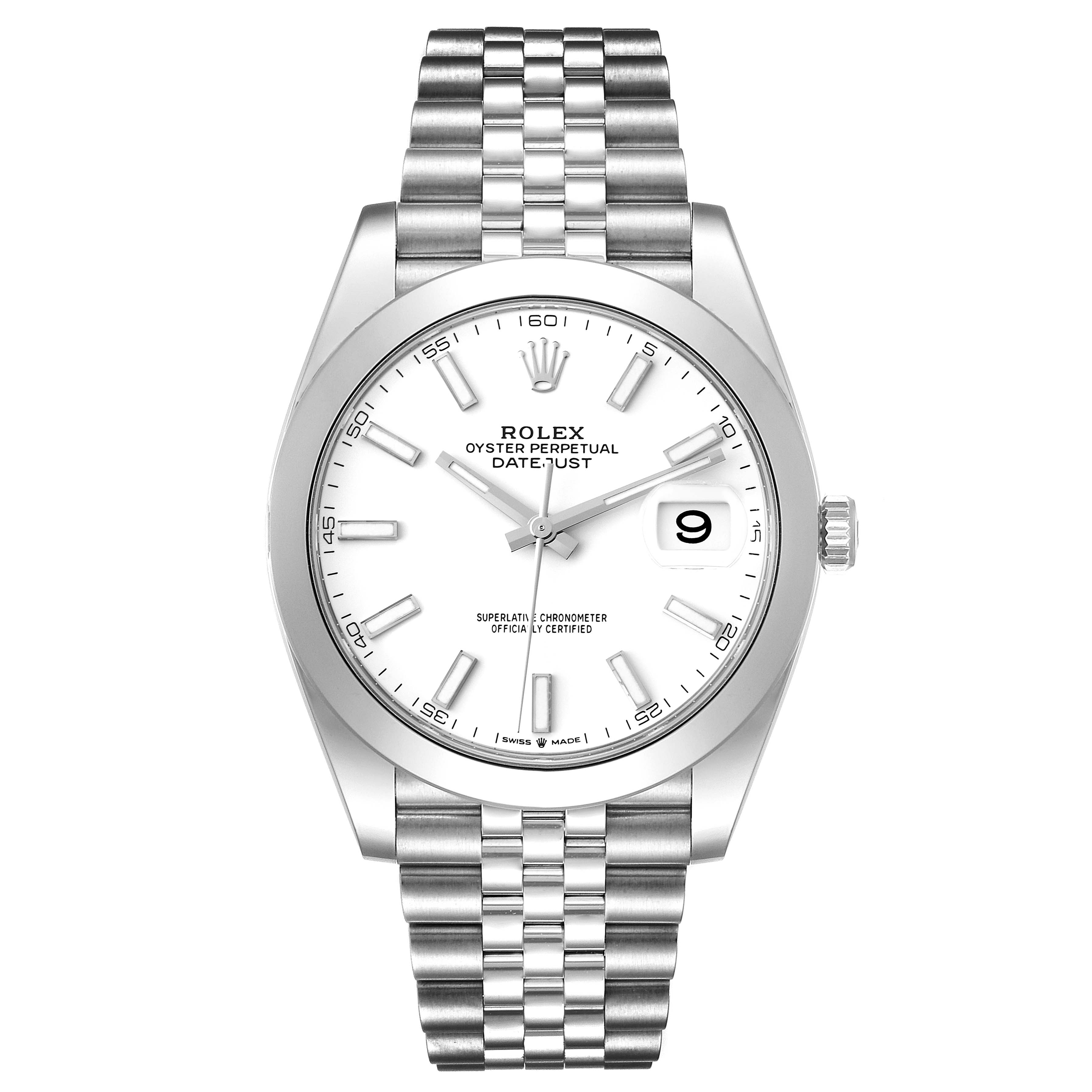This image shows a front view of a Rolex Datejust 41 126300 Men's Stainless Steel White Dial 126300 Men's Stainless Steel White Dial watch, displaying the dial, case, and Jubilee bracelet.