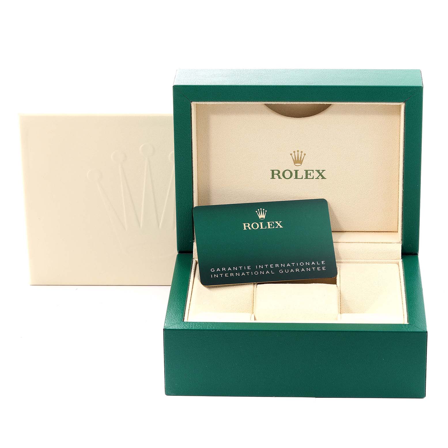 This image shows the packaging box and warranty card for the Rolex Datejust 41 126300 Men's Stainless Steel White Dial 126300 Men's Stainless Steel White Dial model.