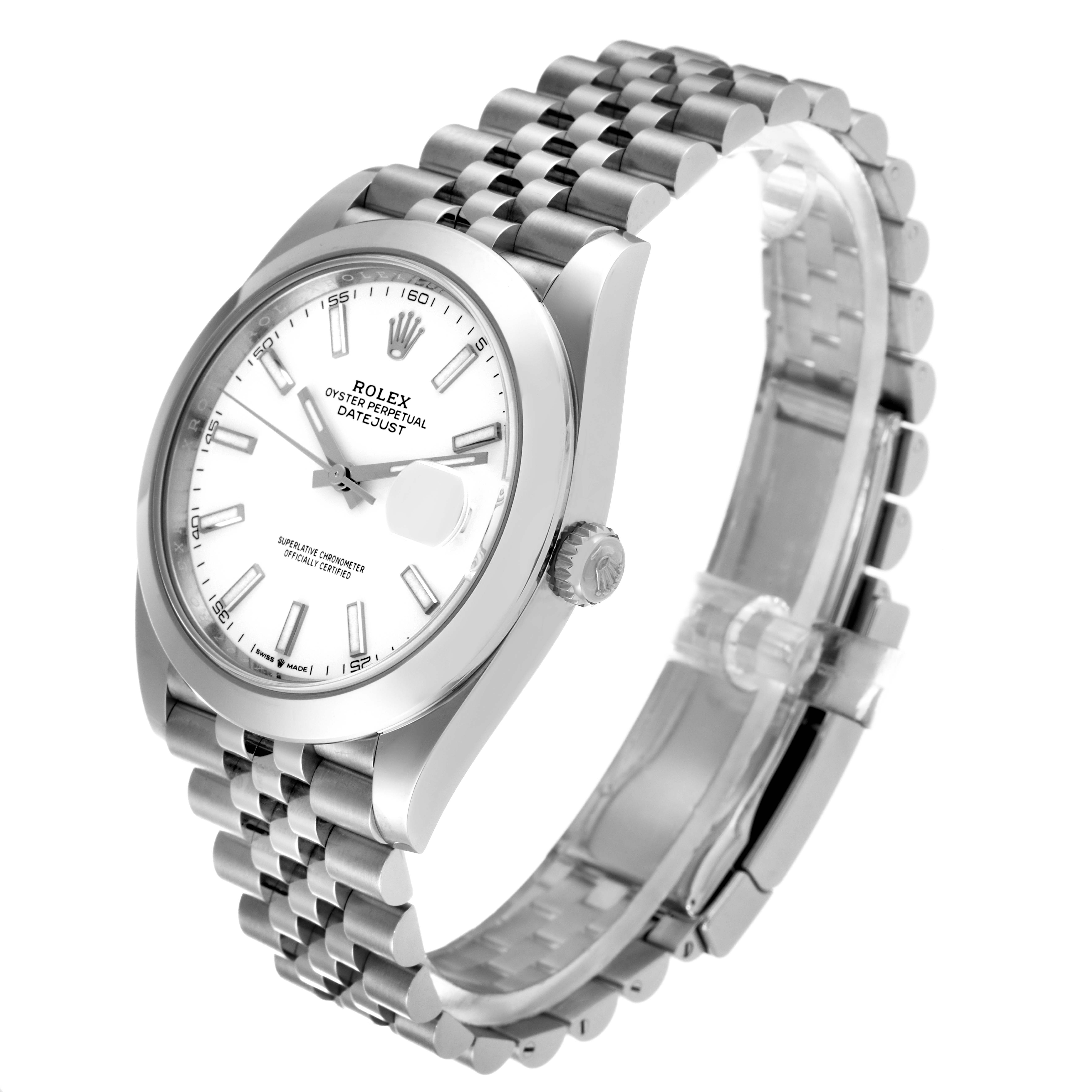 The Rolex Datejust 41 126300 Men's Stainless Steel White Dial 126300 Men's Stainless Steel White Dial watch is shown at a slight angle, highlighting its face, crown, and Jubilee bracelet.