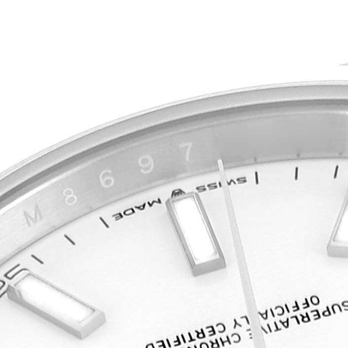 This image shows a close-up of the dial and markers of a Rolex Datejust 41 126300 Men's Stainless Steel White Dial 126300 Men's Stainless Steel White Dial, highlighting the "Swiss Made" text.